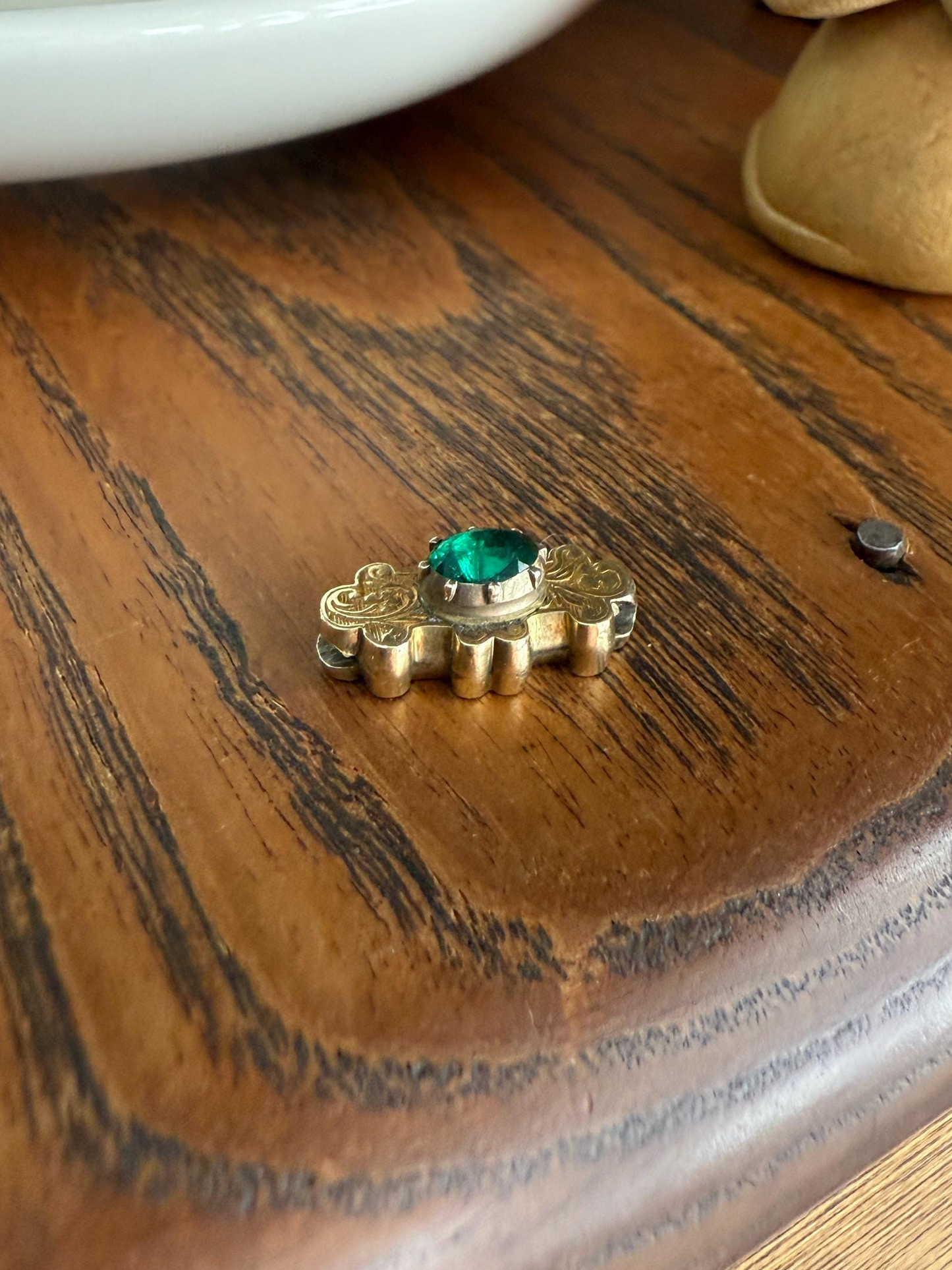 Reversible Slide PENDANT French Antique 14k Gold Engraved Green Paste Faux Emerald Collet Set Bracelet or Necklace Charm Victorian Parts