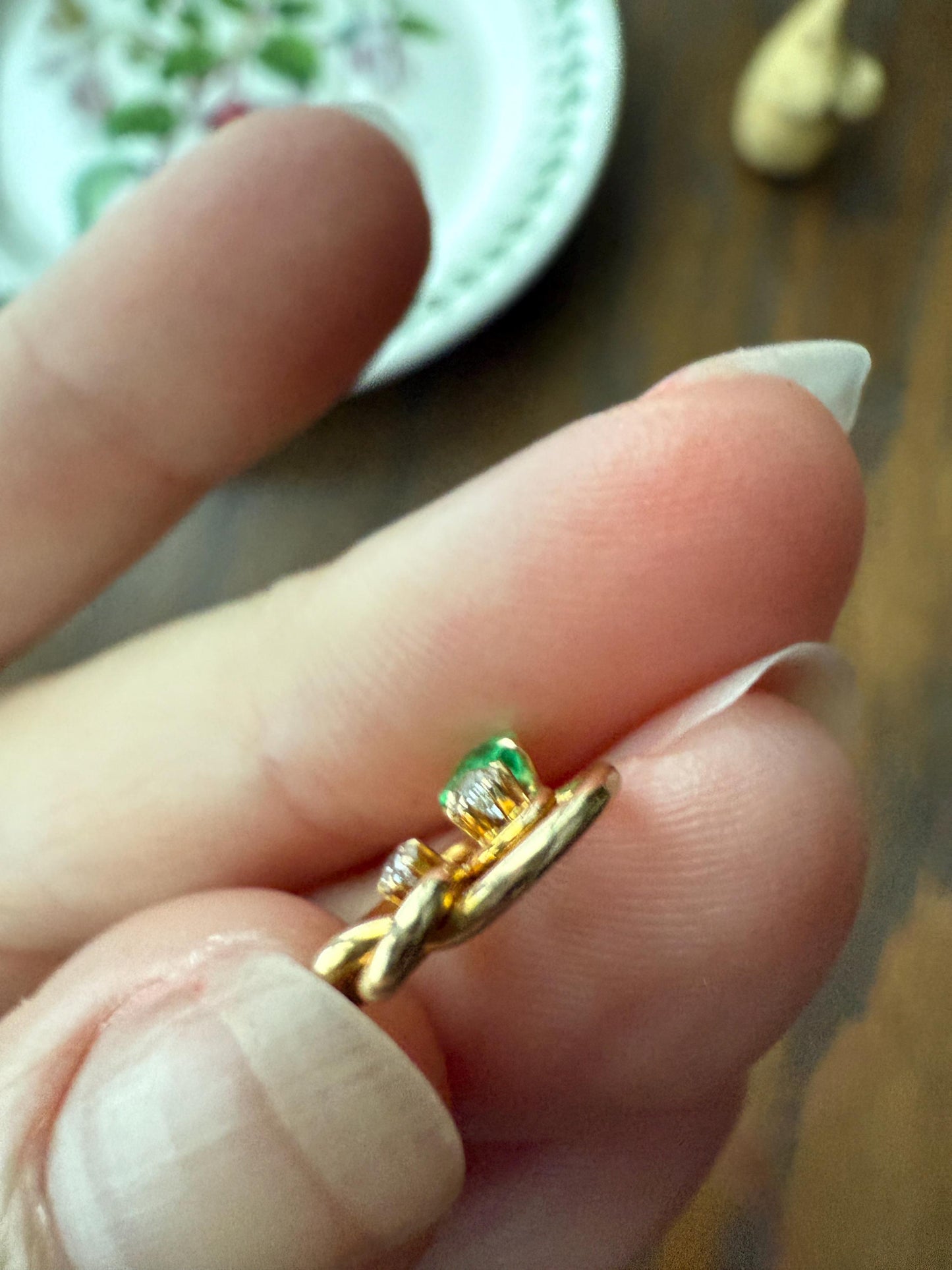 Pretzel Emerald Old Mine Cut Diamond PENDANT Antique 14k Gold Love Knot Bracelet or Necklace Charm Victorian Parts