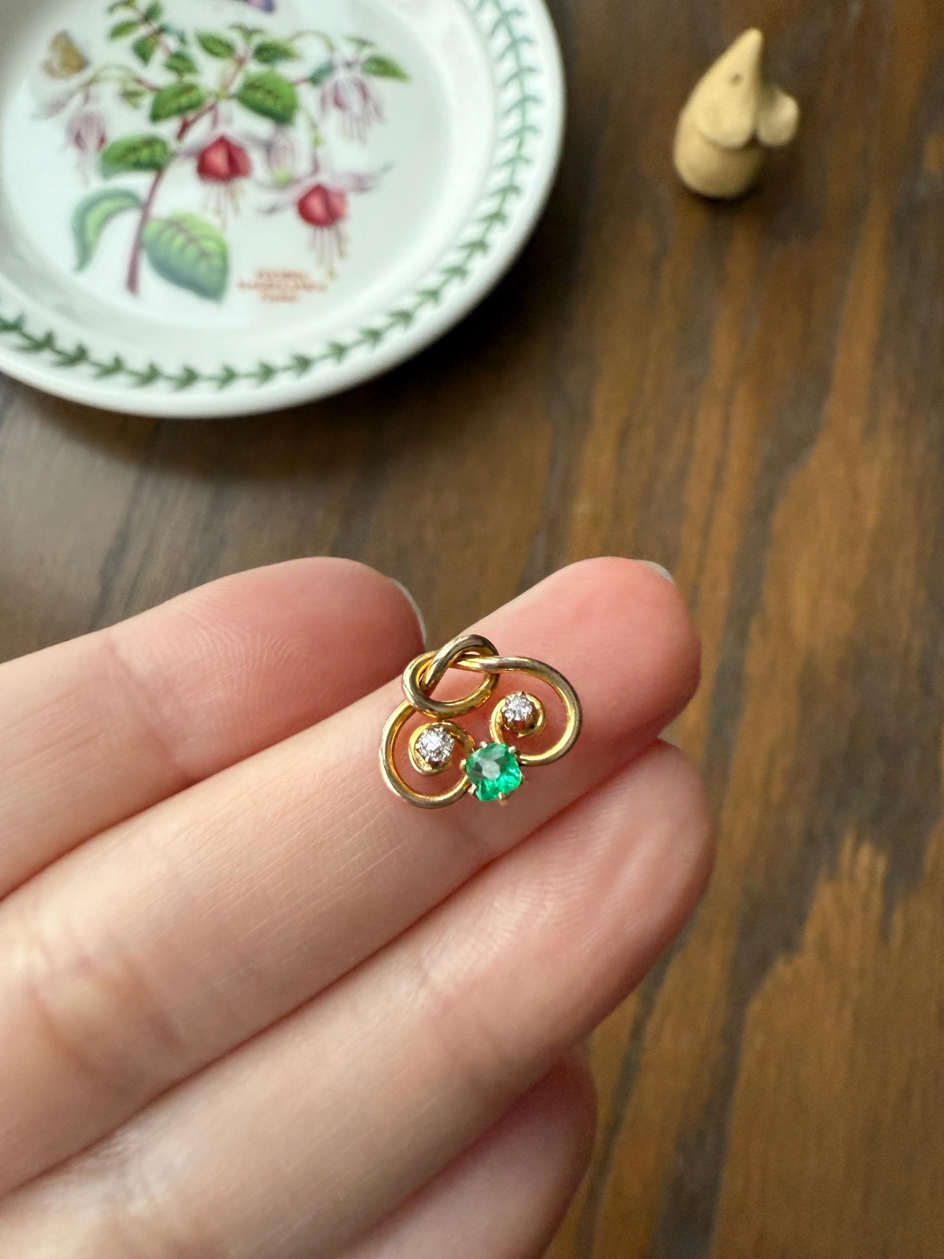 Pretzel Emerald Old Mine Cut Diamond PENDANT Antique 14k Gold Love Knot Bracelet or Necklace Charm Victorian Parts