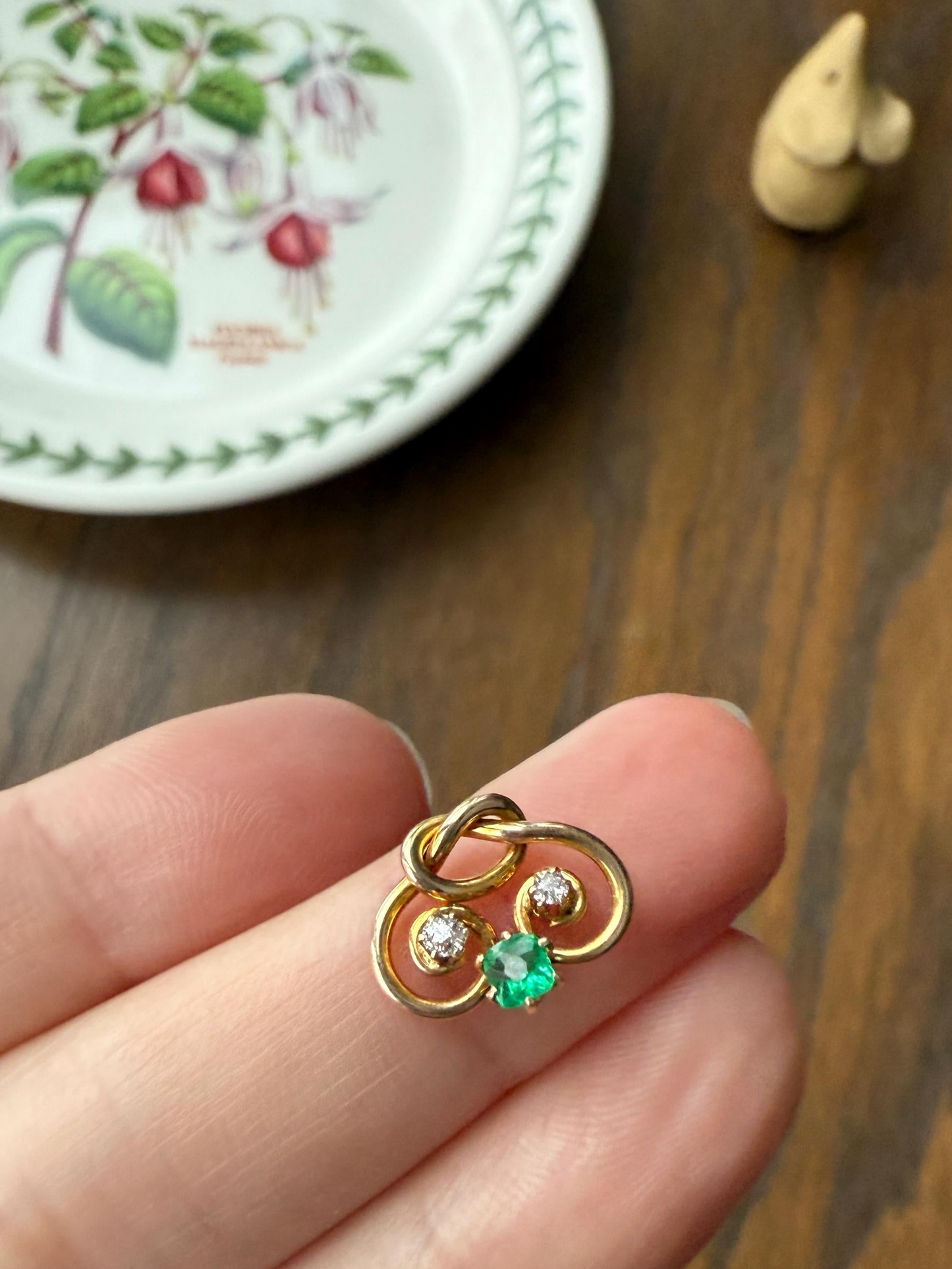 Pretzel Emerald Old Mine Cut Diamond PENDANT Antique 14k Gold Love Knot Bracelet or Necklace Charm Victorian Parts