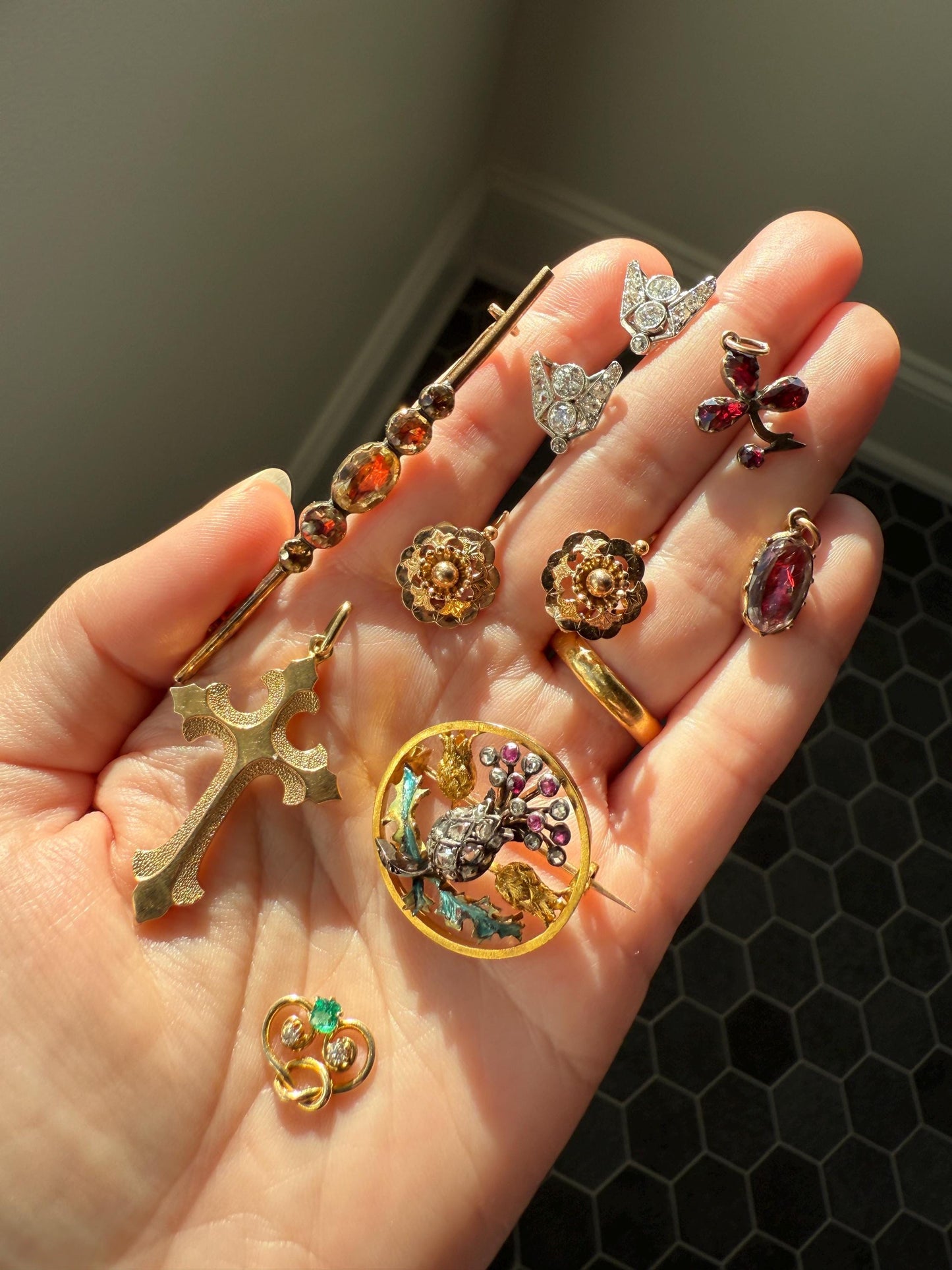 Pretzel Emerald Old Mine Cut Diamond PENDANT Antique 14k Gold Love Knot Bracelet or Necklace Charm Victorian Parts