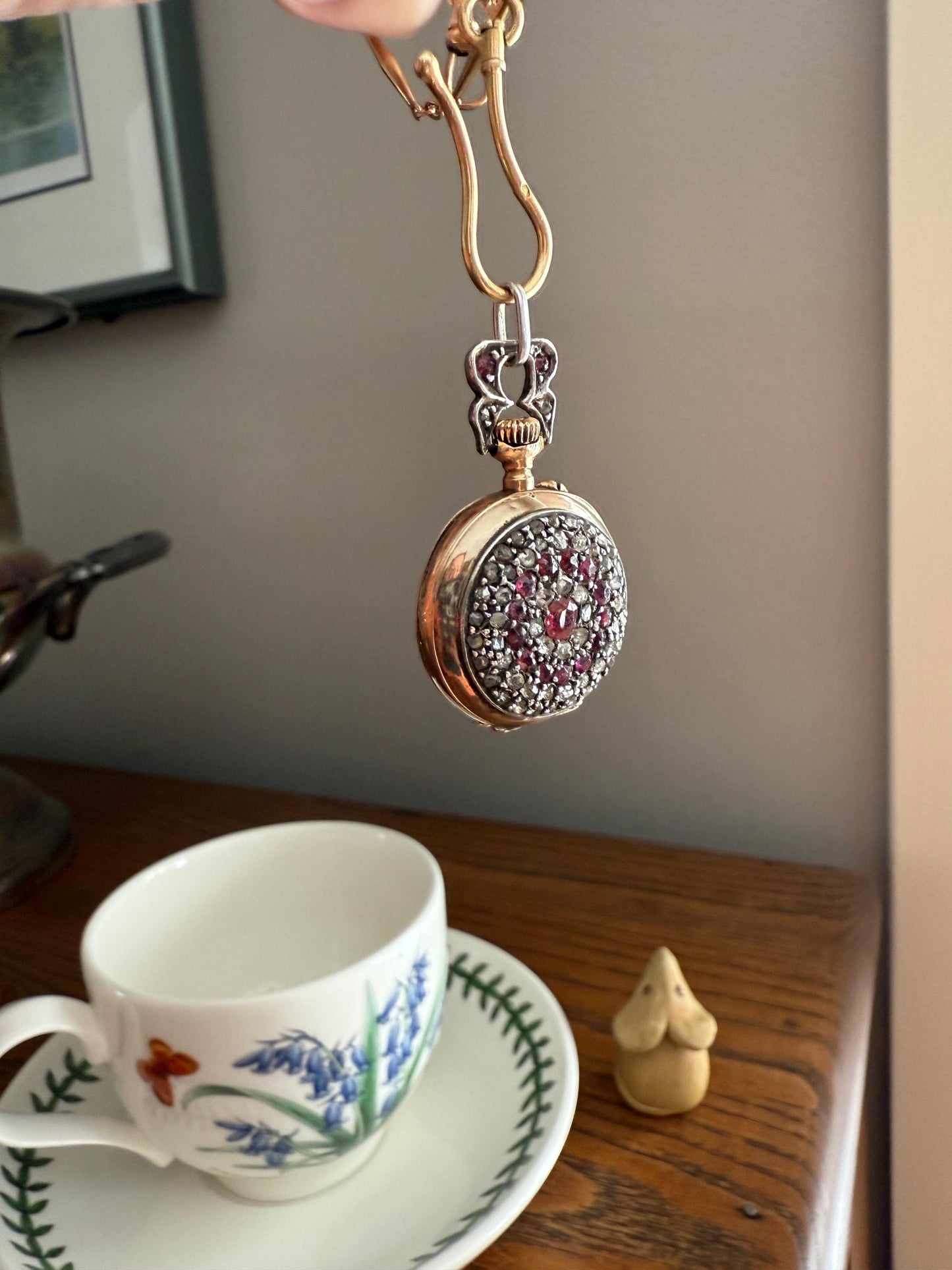 Antique Natural RUBY and Rose Cut Diamond Encrusted French VICTORIAN 18k Gold Silver Pocket Watch Case Pendant Locket Bullseye Target