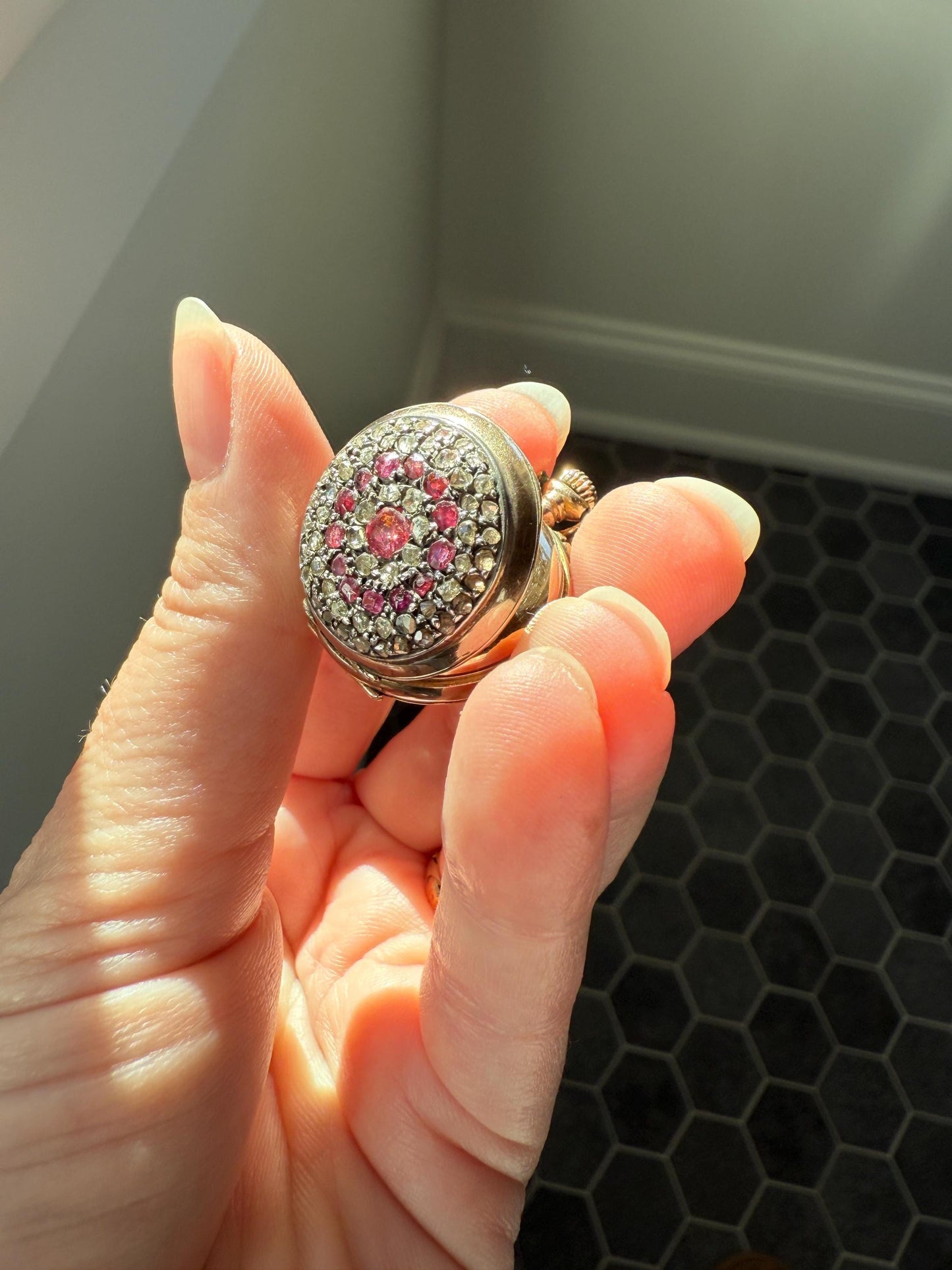 Antique Natural RUBY and Rose Cut Diamond Encrusted French VICTORIAN 18k Gold Silver Pocket Watch Case Pendant Locket Bullseye Target