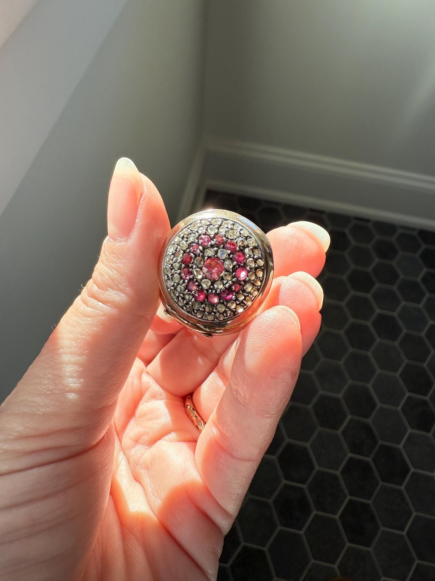 Antique Natural RUBY and Rose Cut Diamond Encrusted French VICTORIAN 18k Gold Silver Pocket Watch Case Pendant Locket Bullseye Target