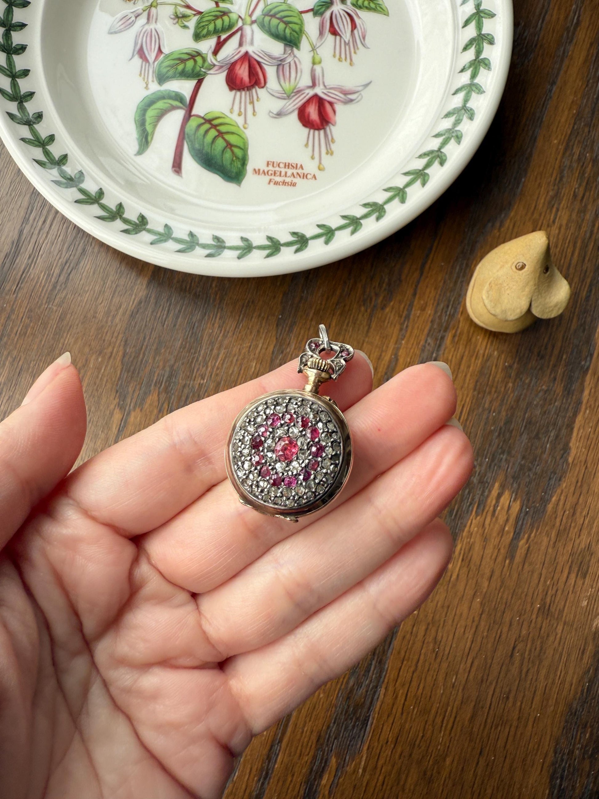Antique Natural RUBY and Rose Cut Diamond Encrusted French VICTORIAN 18k Gold Silver Pocket Watch Case Pendant Locket Bullseye Target
