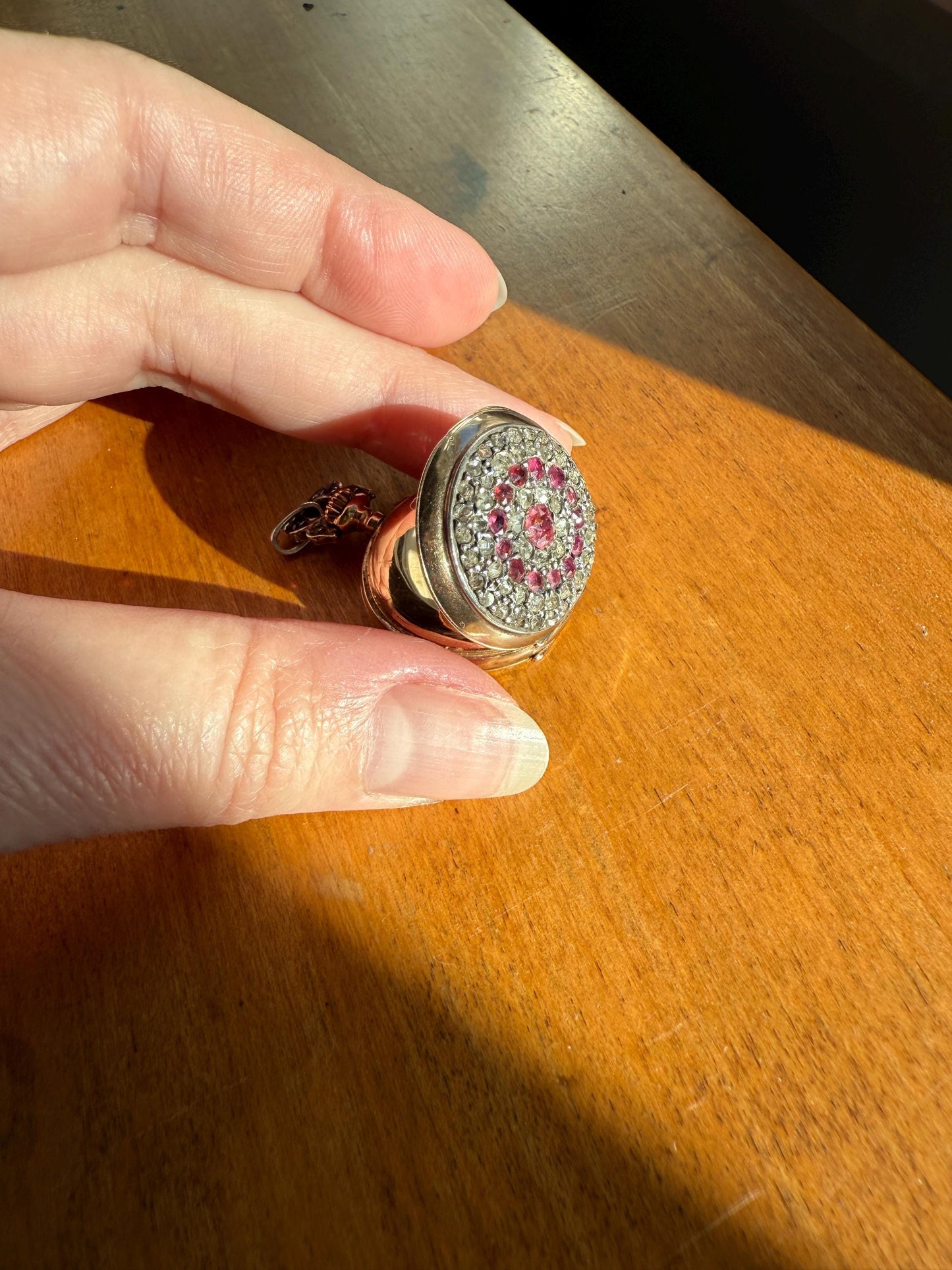 Antique Natural RUBY and Rose Cut Diamond Encrusted French VICTORIAN 18k Gold Silver Pocket Watch Case Pendant Locket Bullseye Target