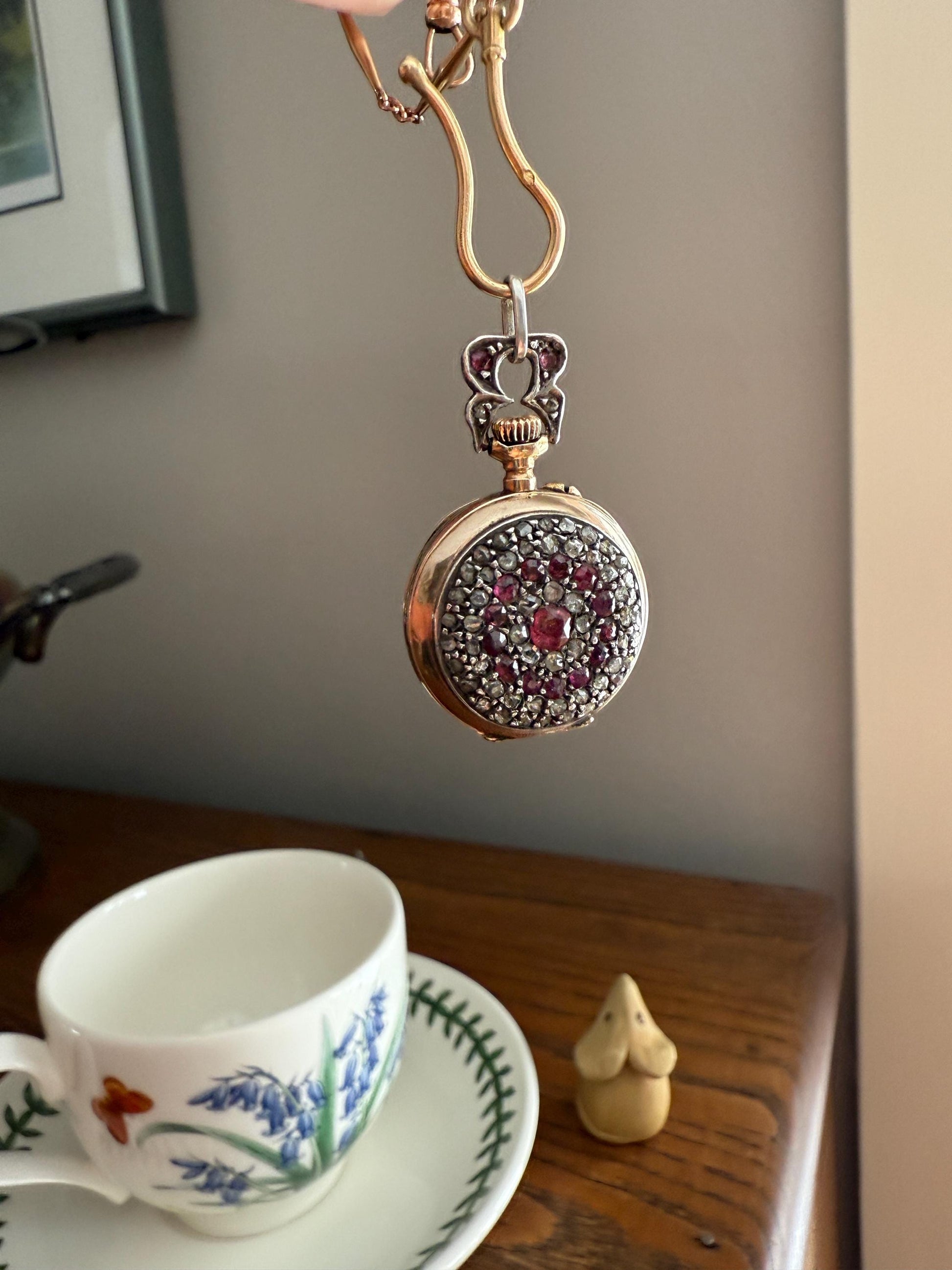 Antique Natural RUBY and Rose Cut Diamond Encrusted French VICTORIAN 18k Gold Silver Pocket Watch Case Pendant Locket Bullseye Target