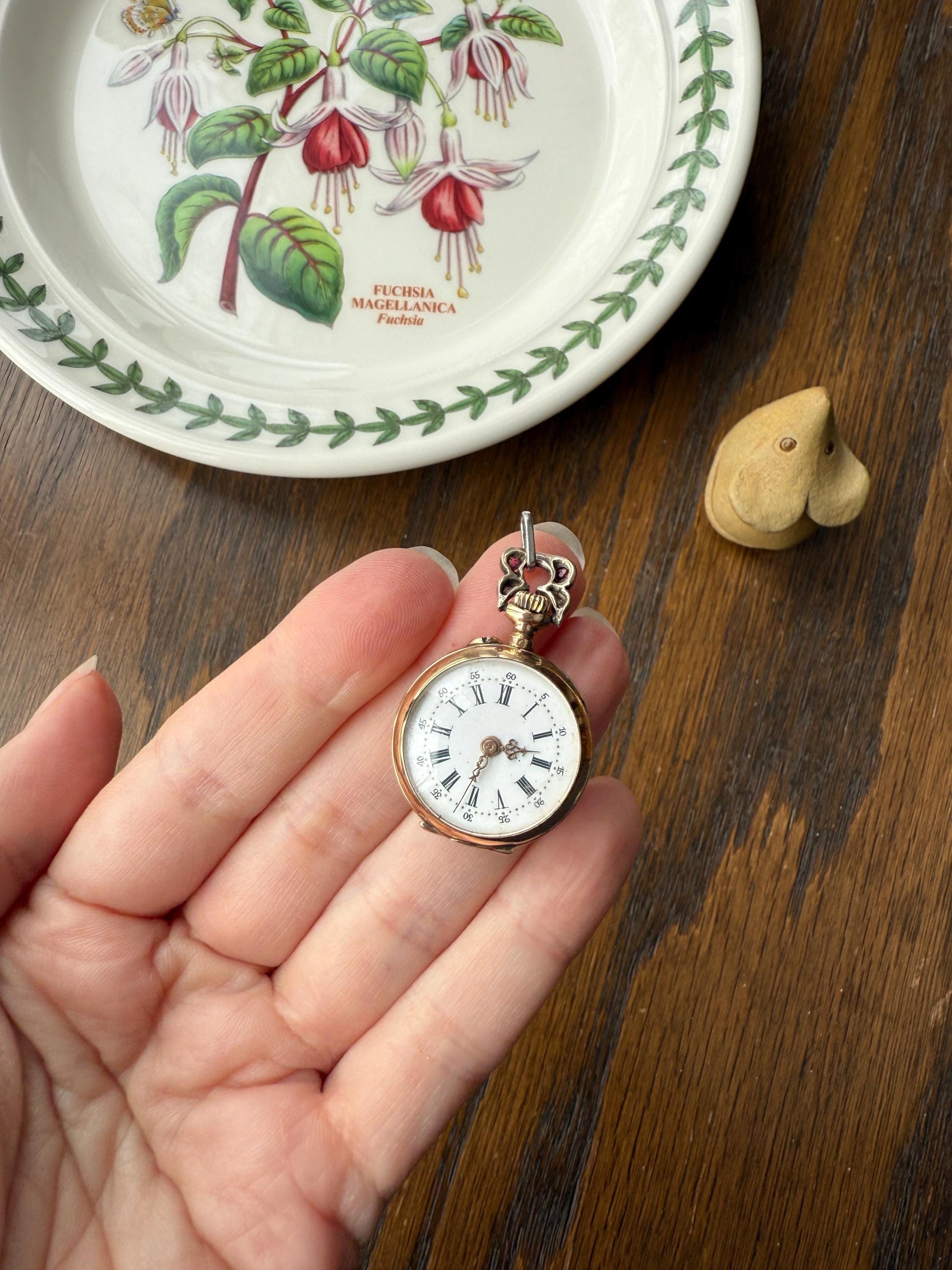 Antique Natural RUBY and Rose Cut Diamond Encrusted French VICTORIAN 18k Gold Silver Pocket Watch Case Pendant Locket Bullseye Target