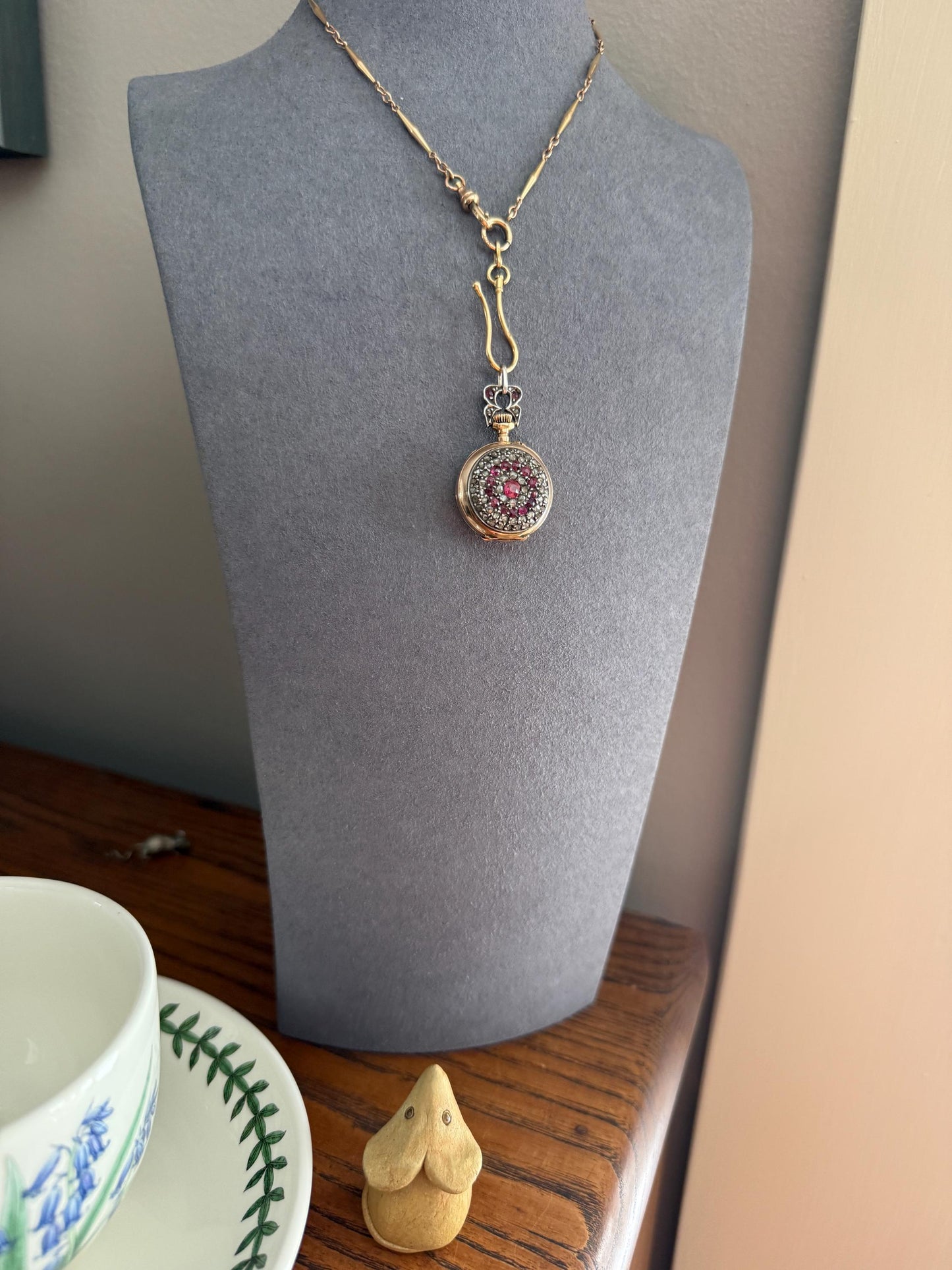 Antique Natural RUBY and Rose Cut Diamond Encrusted French VICTORIAN 18k Gold Silver Pocket Watch Case Pendant Locket Bullseye Target