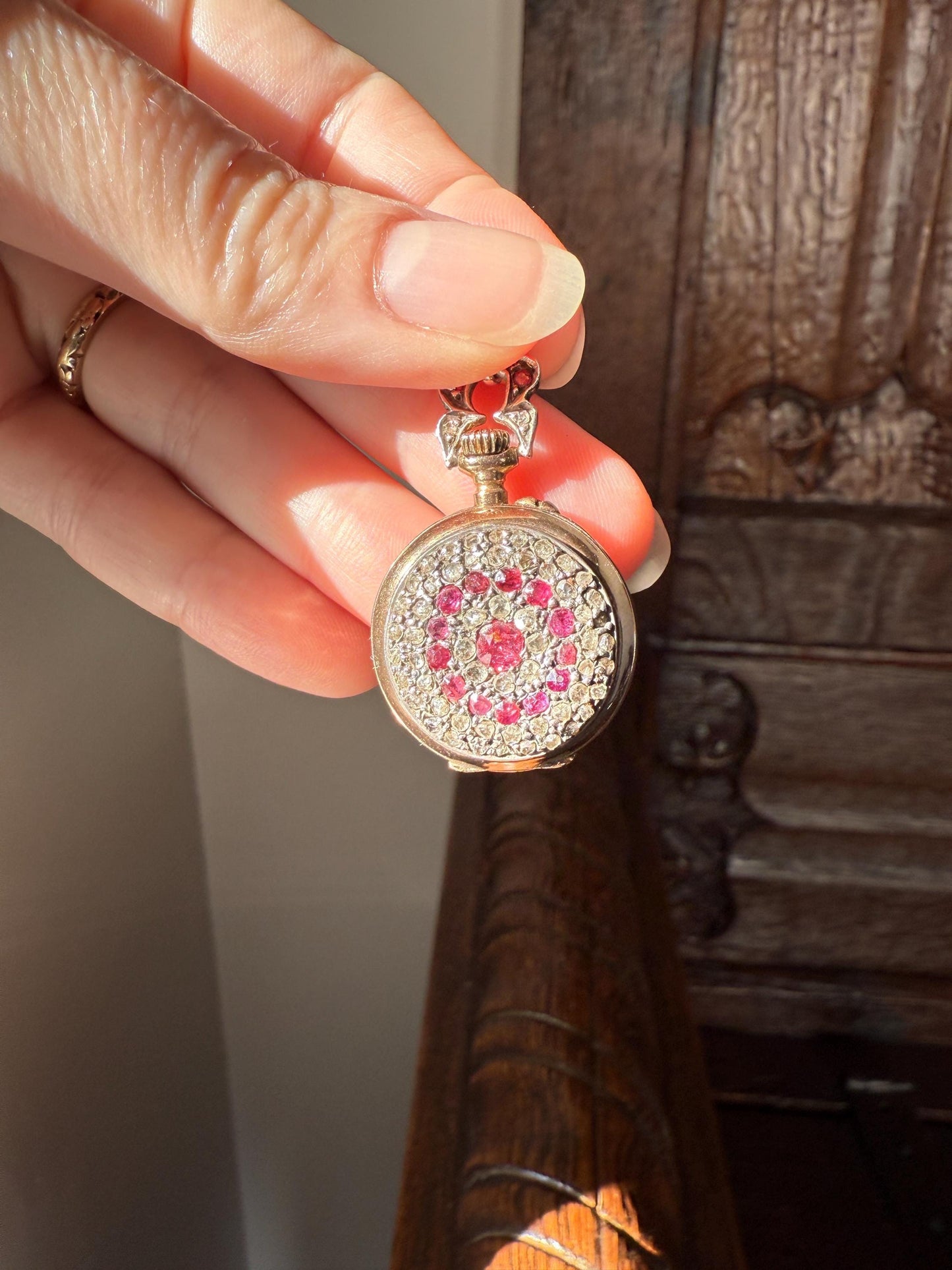 Antique Natural RUBY and Rose Cut Diamond Encrusted French VICTORIAN 18k Gold Silver Pocket Watch Case Pendant Locket Bullseye Target
