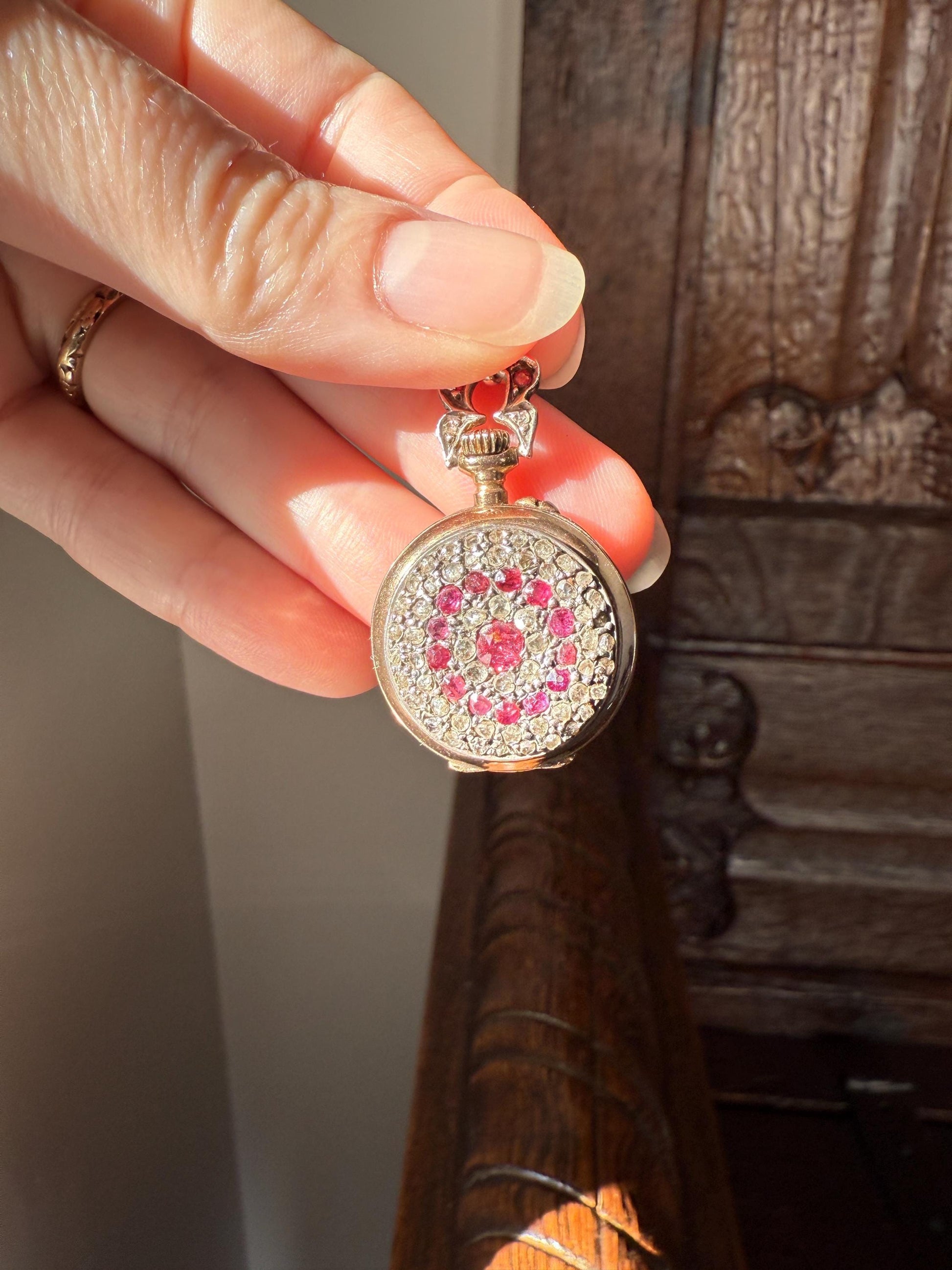 Antique Natural RUBY and Rose Cut Diamond Encrusted French VICTORIAN 18k Gold Silver Pocket Watch Case Pendant Locket Bullseye Target