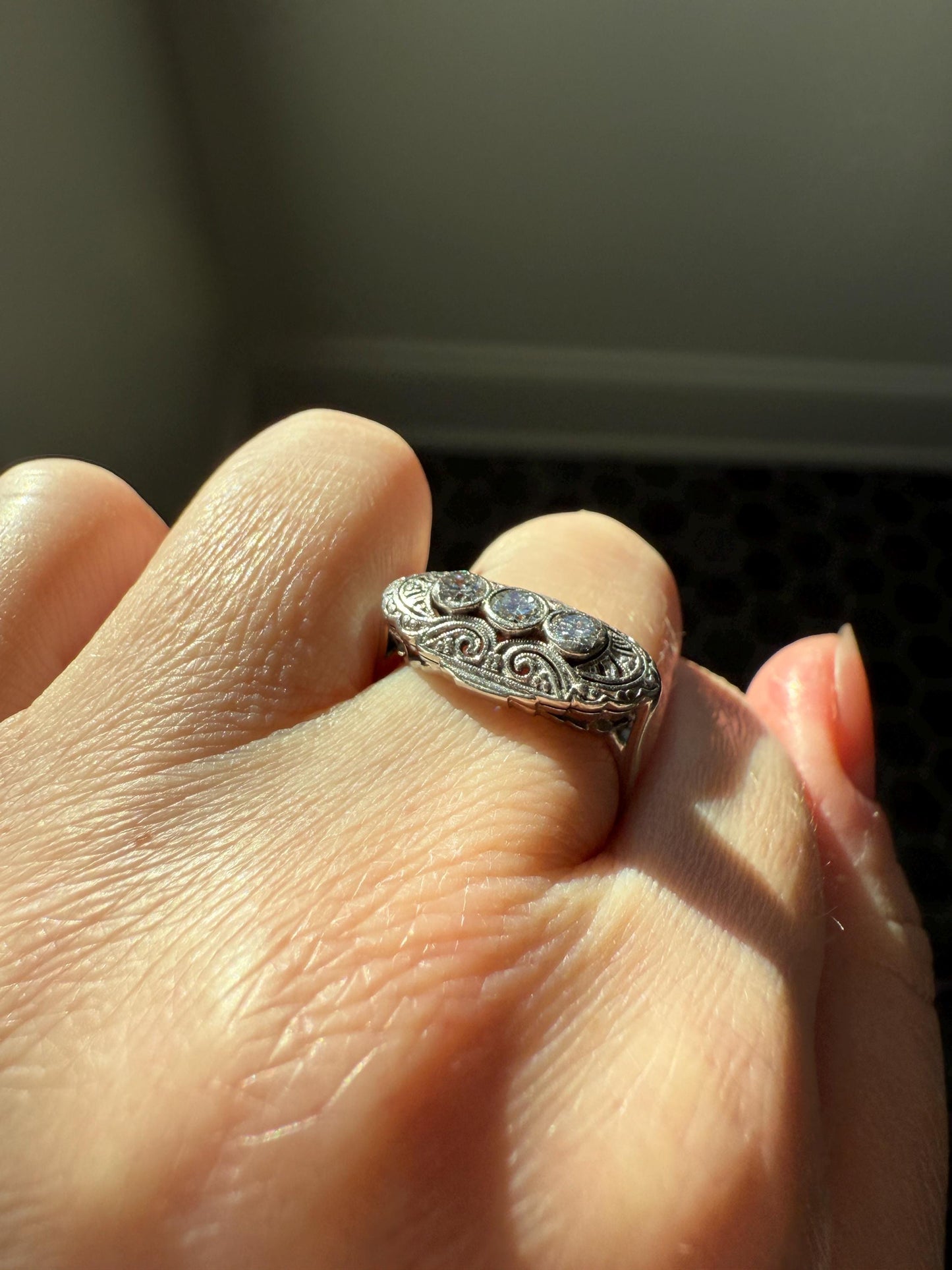 Three Stone Antique East West Filigree Navette Marquise Ring Antique 14k White Gold & Platinum Transitional Cut DIAMOND Unique Band Stacker