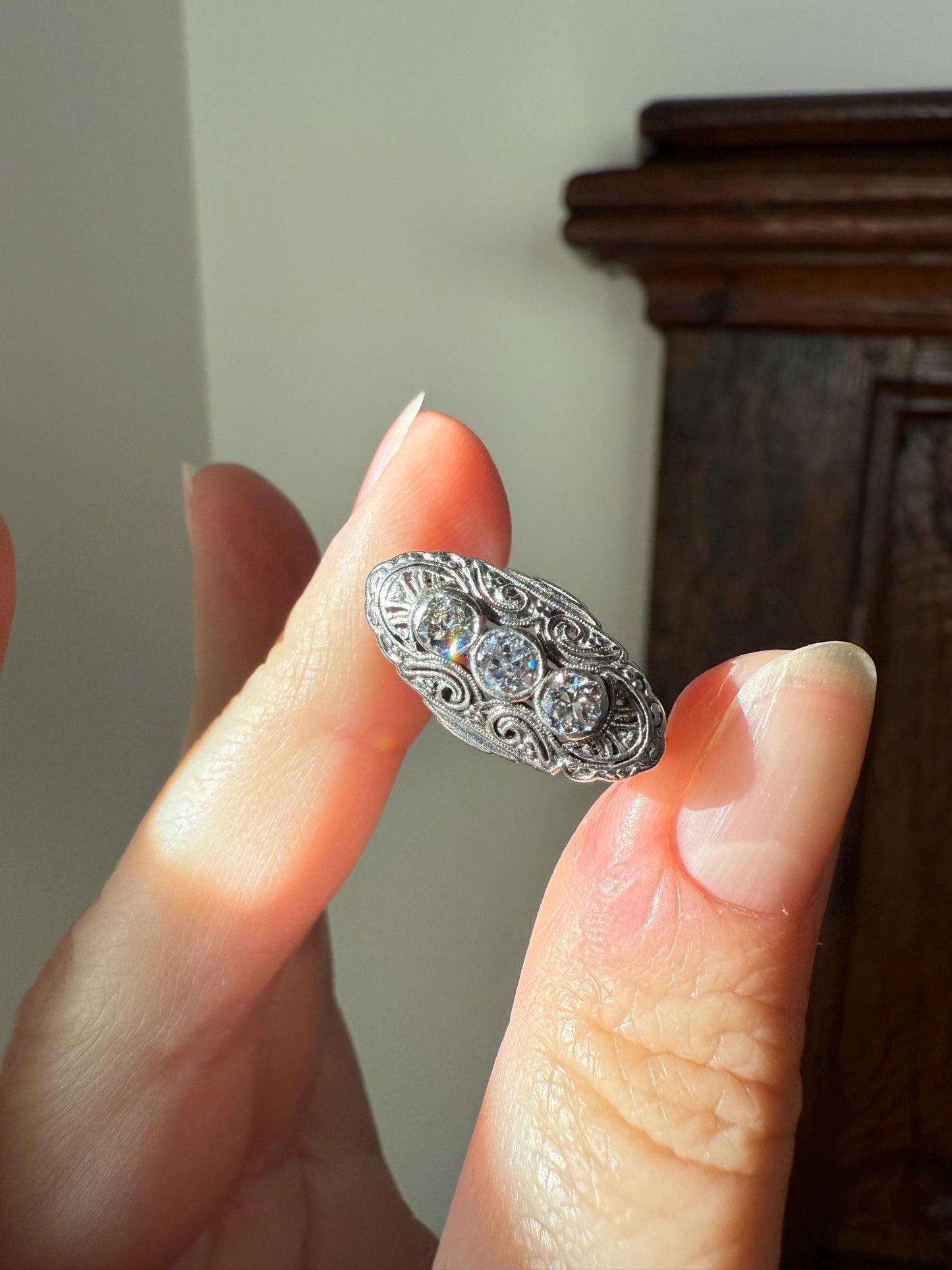 Three Stone Antique East West Filigree Navette Marquise Ring Antique 14k White Gold & Platinum Transitional Cut DIAMOND Unique Band Stacker