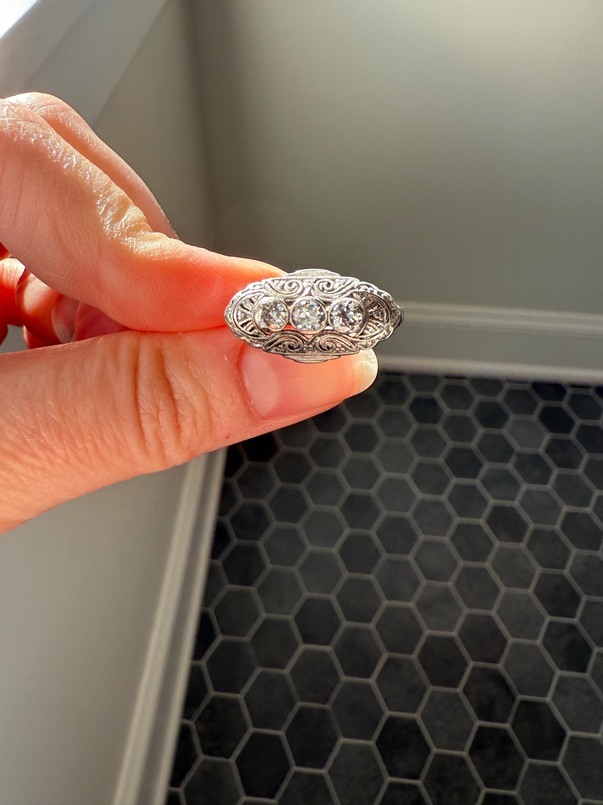 Three Stone Antique East West Filigree Navette Marquise Ring Antique 14k White Gold & Platinum Transitional Cut DIAMOND Unique Band Stacker