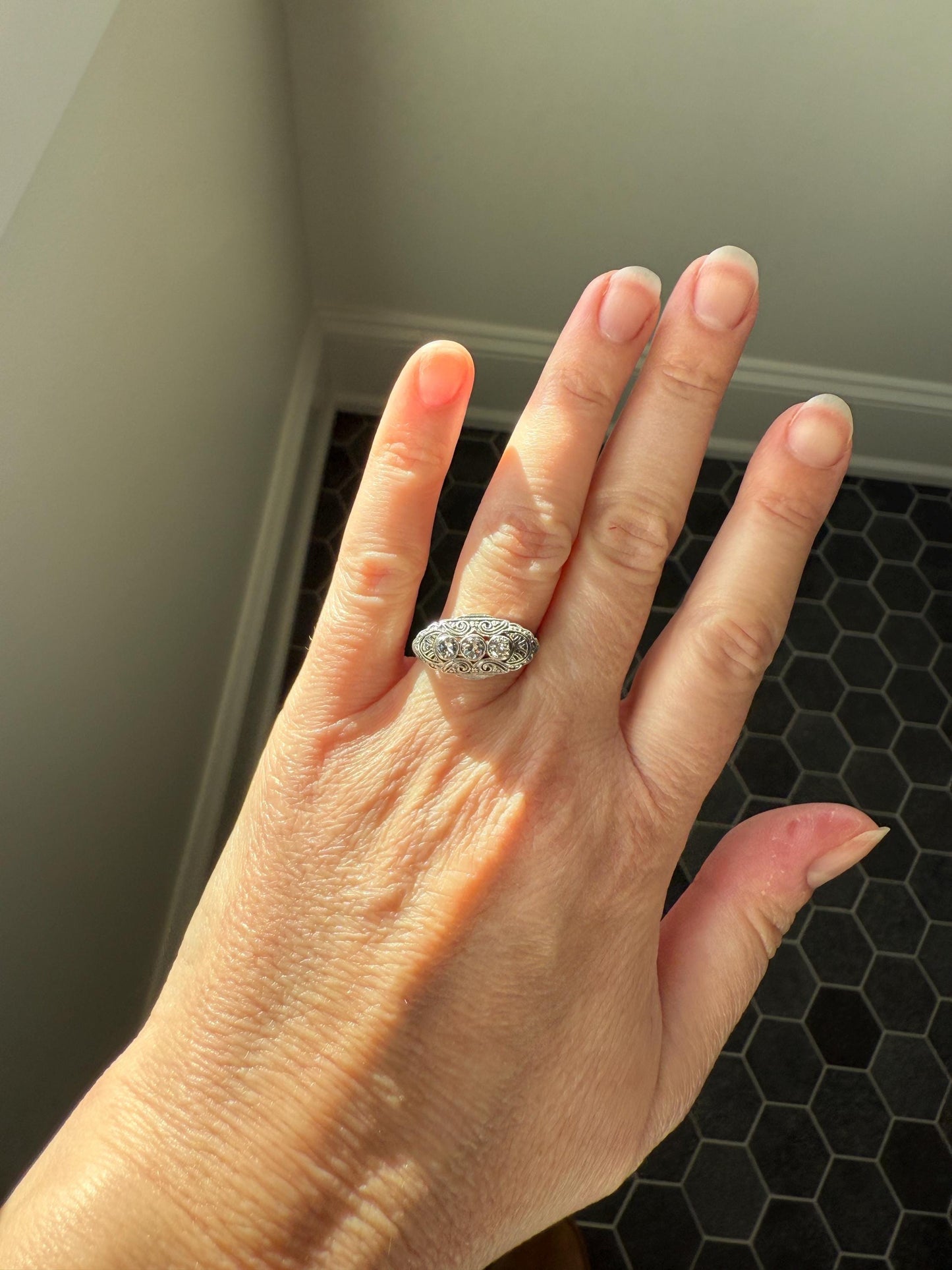 Three Stone Antique East West Filigree Navette Marquise Ring Antique 14k White Gold & Platinum Transitional Cut DIAMOND Unique Band Stacker