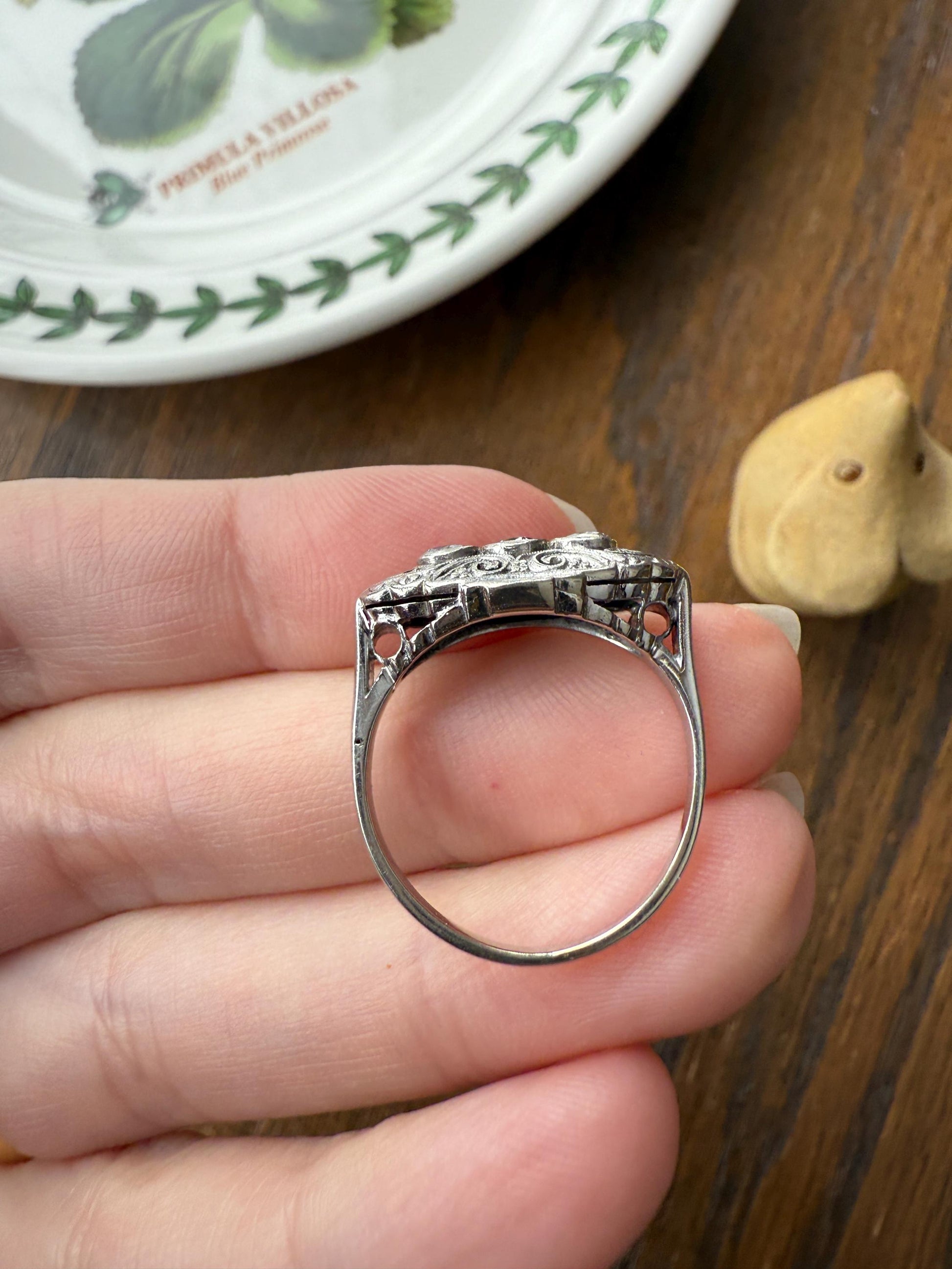 Three Stone Antique East West Filigree Navette Marquise Ring Antique 14k White Gold & Platinum Transitional Cut DIAMOND Unique Band Stacker