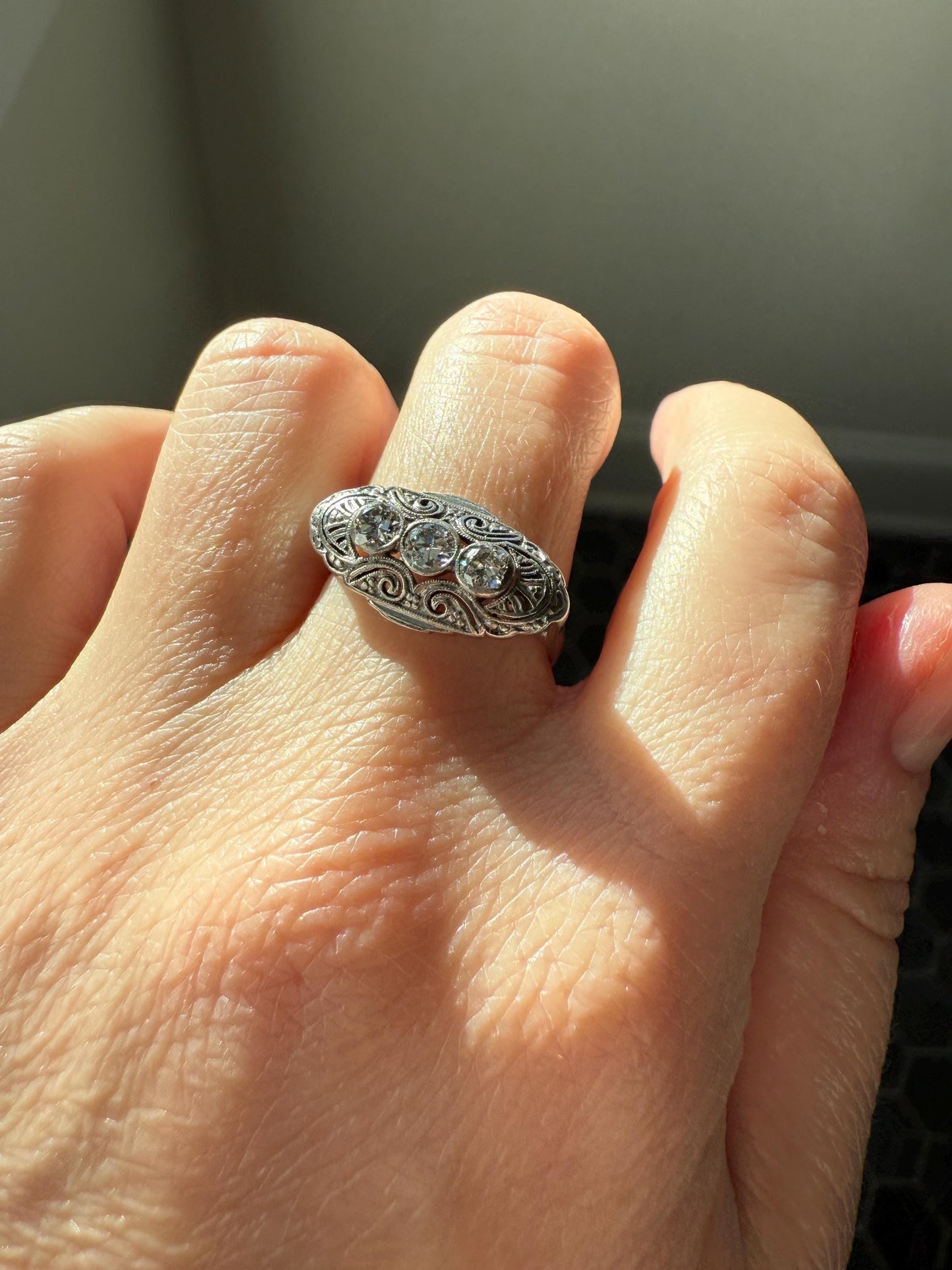 Three Stone Antique East West Filigree Navette Marquise Ring Antique 14k White Gold & Platinum Transitional Cut DIAMOND Unique Band Stacker