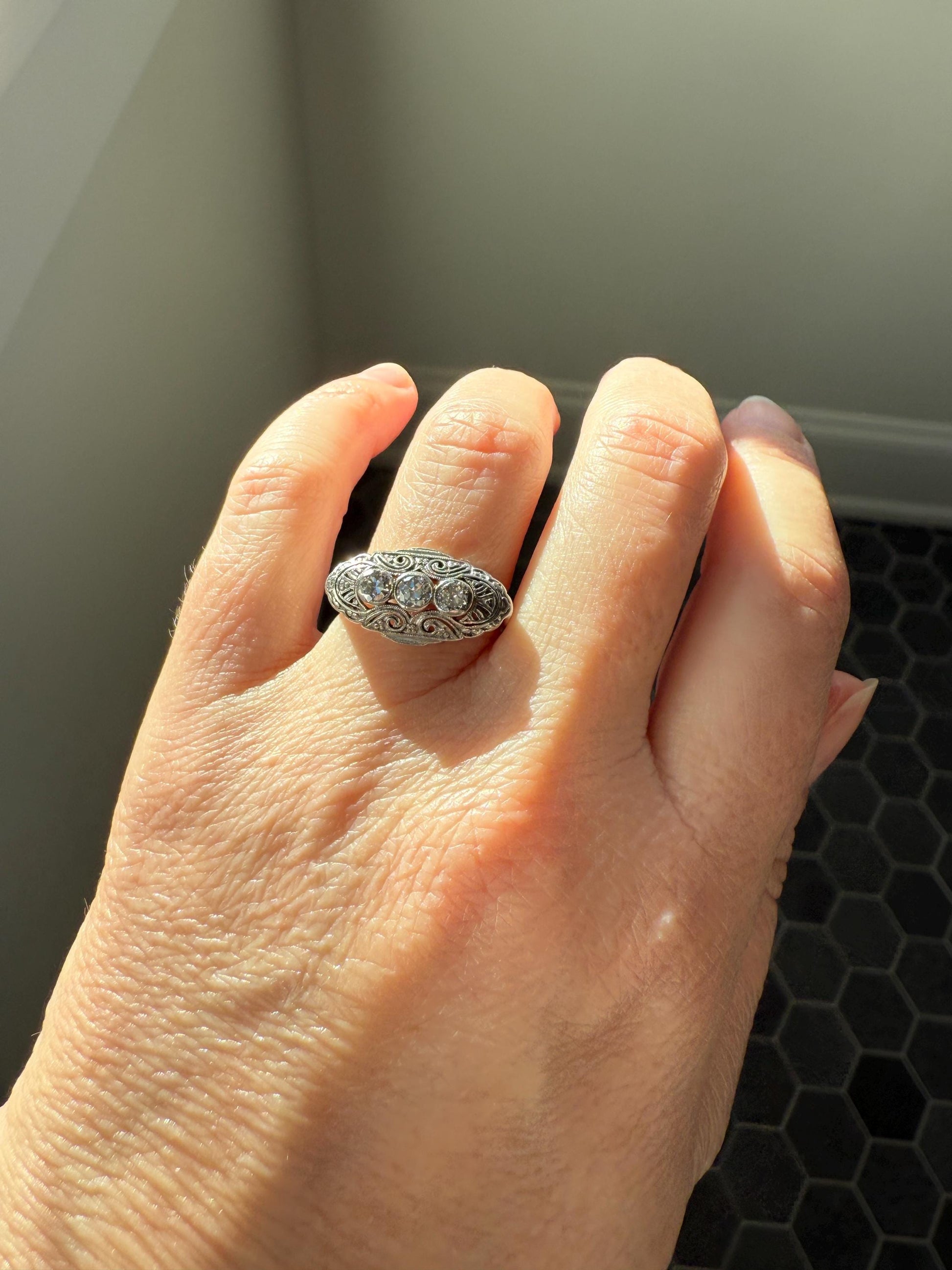 Three Stone Antique East West Filigree Navette Marquise Ring Antique 14k White Gold & Platinum Transitional Cut DIAMOND Unique Band Stacker