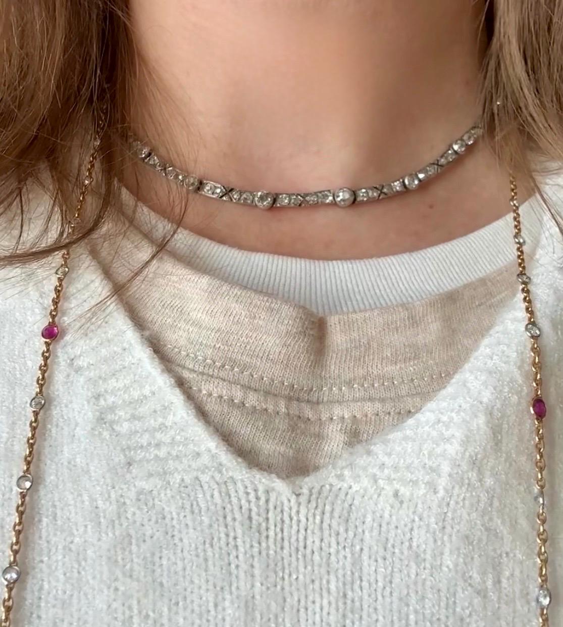 Antique 5 CARATS Old Mine Rose Cut DIAMOND Almost Riviera NECKLACE Choker Chain French 18k Gold Silver Bar Bezel Edwardian Art Deco Collar