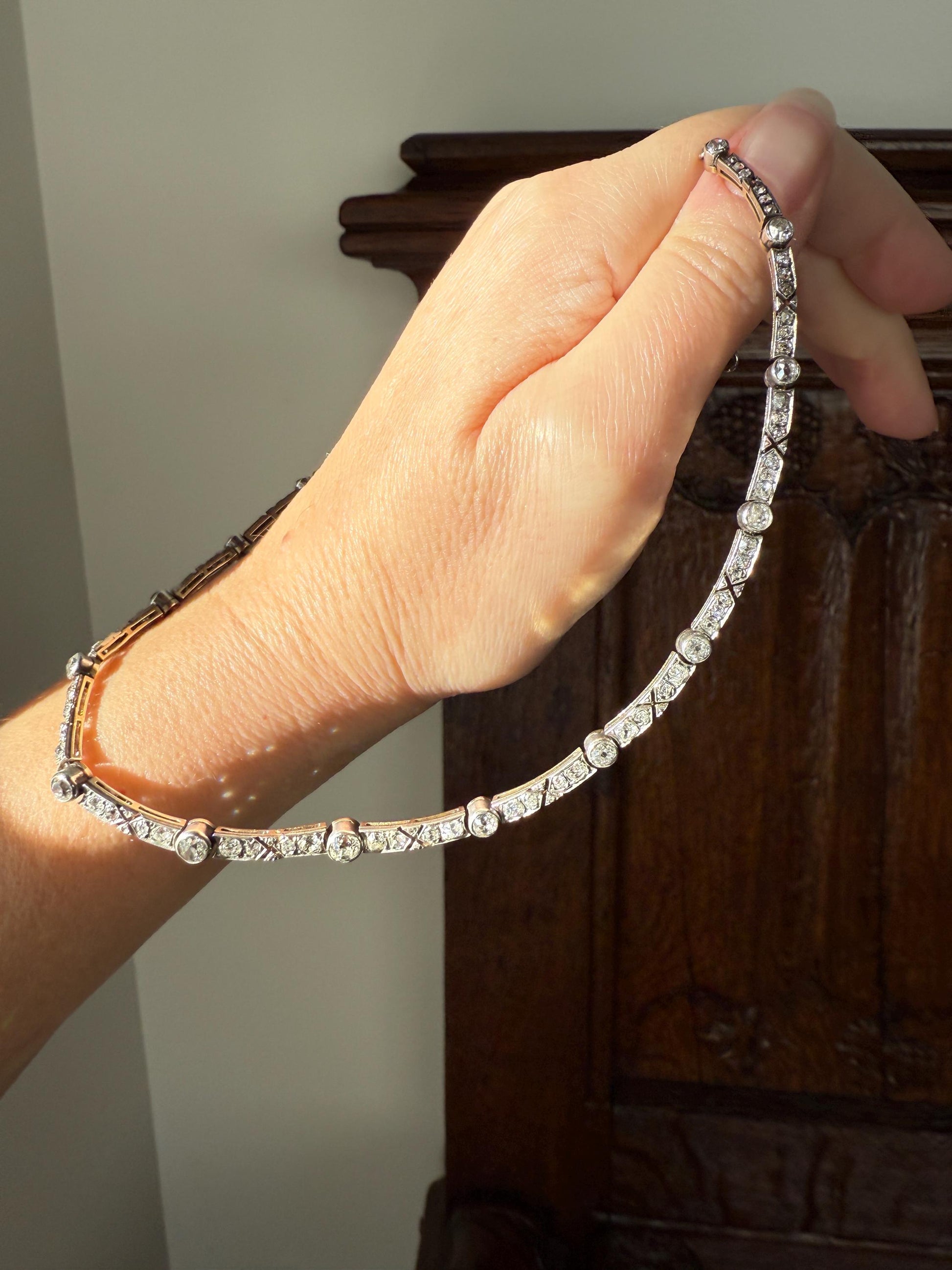 Antique 5 CARATS Old Mine Rose Cut DIAMOND Almost Riviera NECKLACE Choker Chain French 18k Gold Silver Bar Bezel Edwardian Art Deco Collar