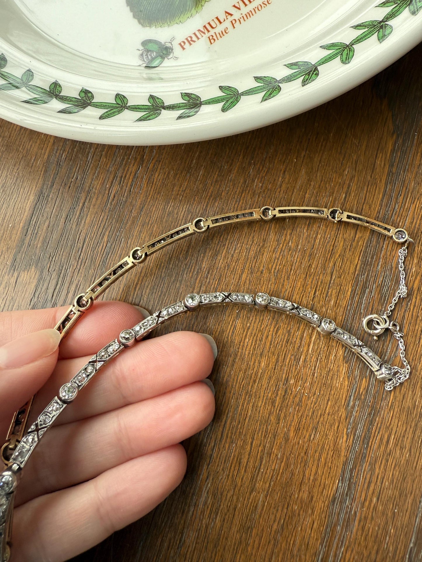 Antique 5 CARATS Old Mine Rose Cut DIAMOND Almost Riviera NECKLACE Choker Chain French 18k Gold Silver Bar Bezel Edwardian Art Deco Collar