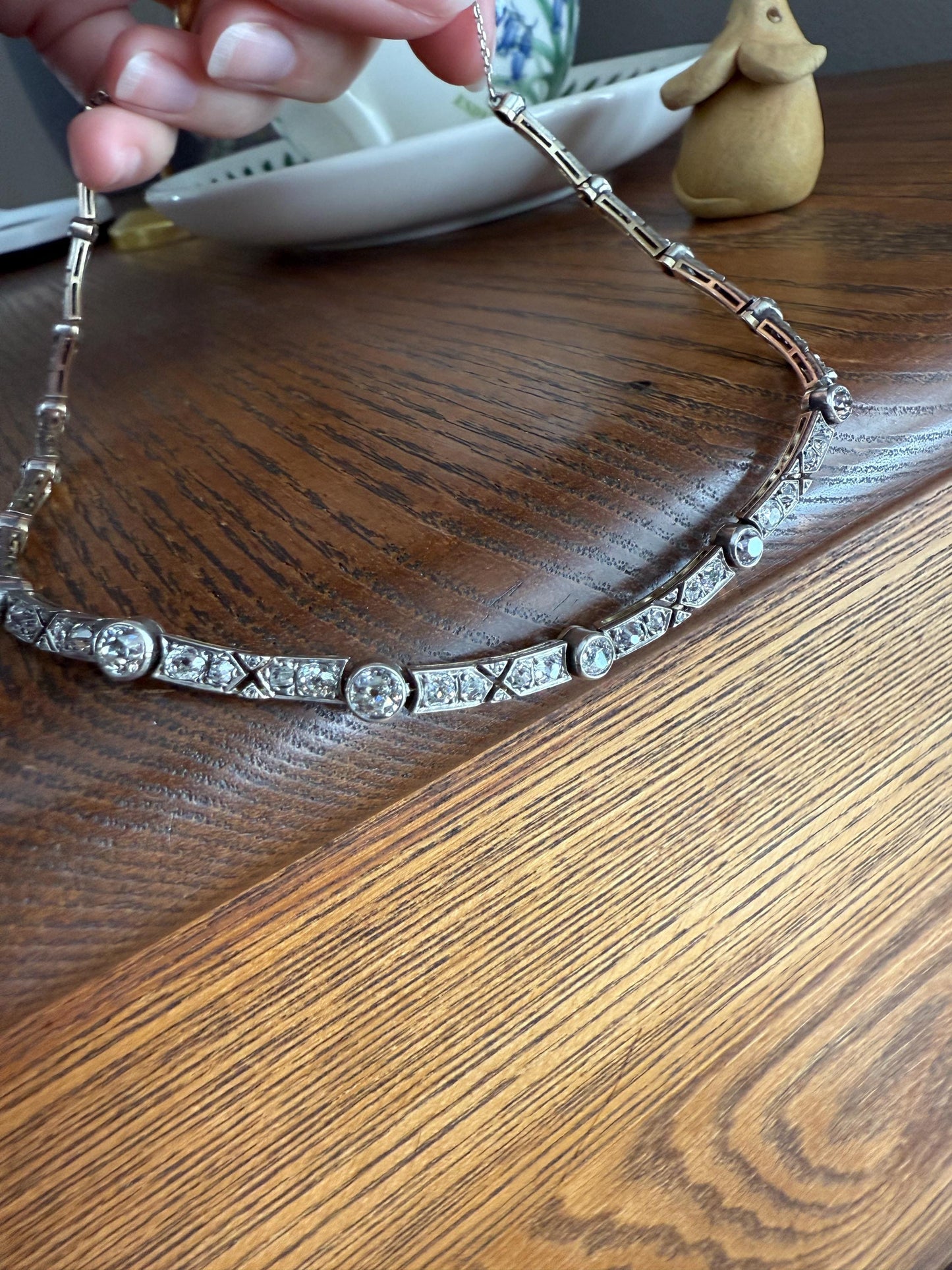 Antique 5 CARATS Old Mine Rose Cut DIAMOND Almost Riviera NECKLACE Choker Chain French 18k Gold Silver Bar Bezel Edwardian Art Deco Collar