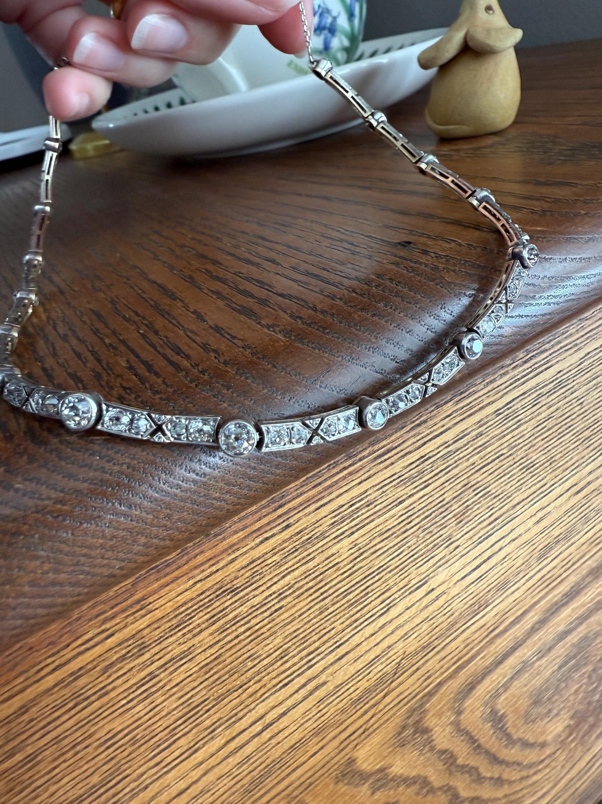 Antique 5 CARATS Old Mine Rose Cut DIAMOND Almost Riviera NECKLACE Choker Chain French 18k Gold Silver Bar Bezel Edwardian Art Deco Collar