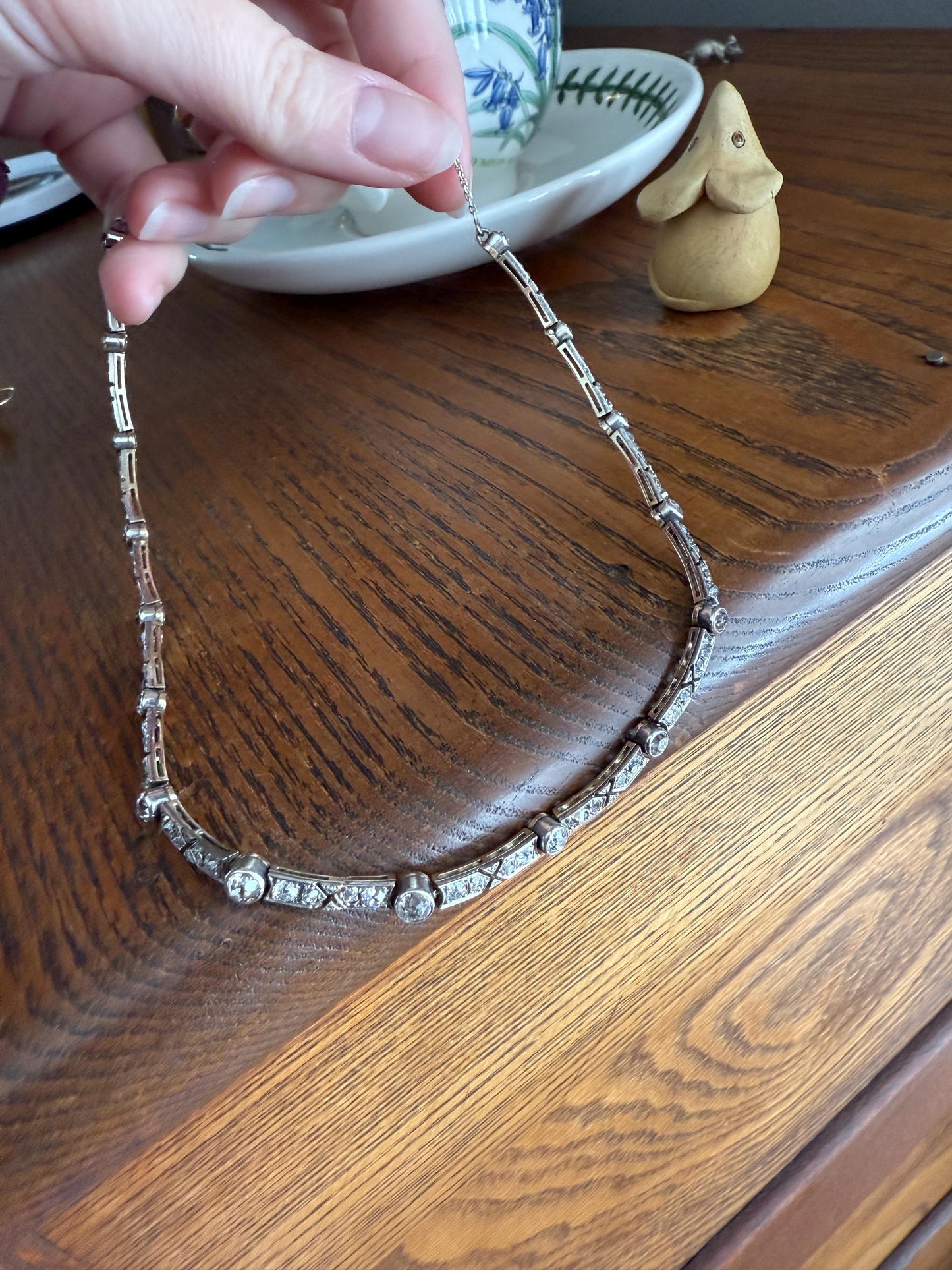 Antique 5 CARATS Old Mine Rose Cut DIAMOND Almost Riviera NECKLACE Choker Chain French 18k Gold Silver Bar Bezel Edwardian Art Deco Collar