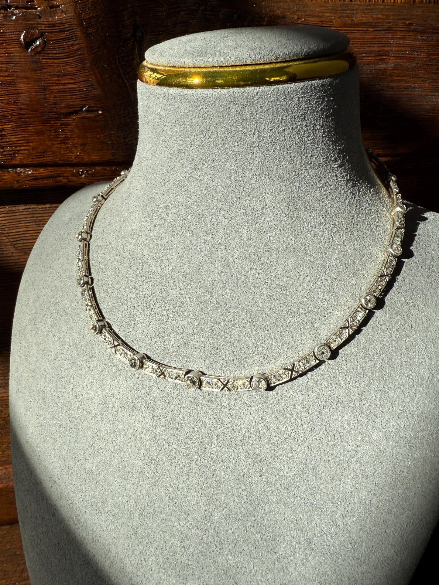 Antique 5 CARATS Old Mine Rose Cut DIAMOND Almost Riviera NECKLACE Choker Chain French 18k Gold Silver Bar Bezel Edwardian Art Deco Collar