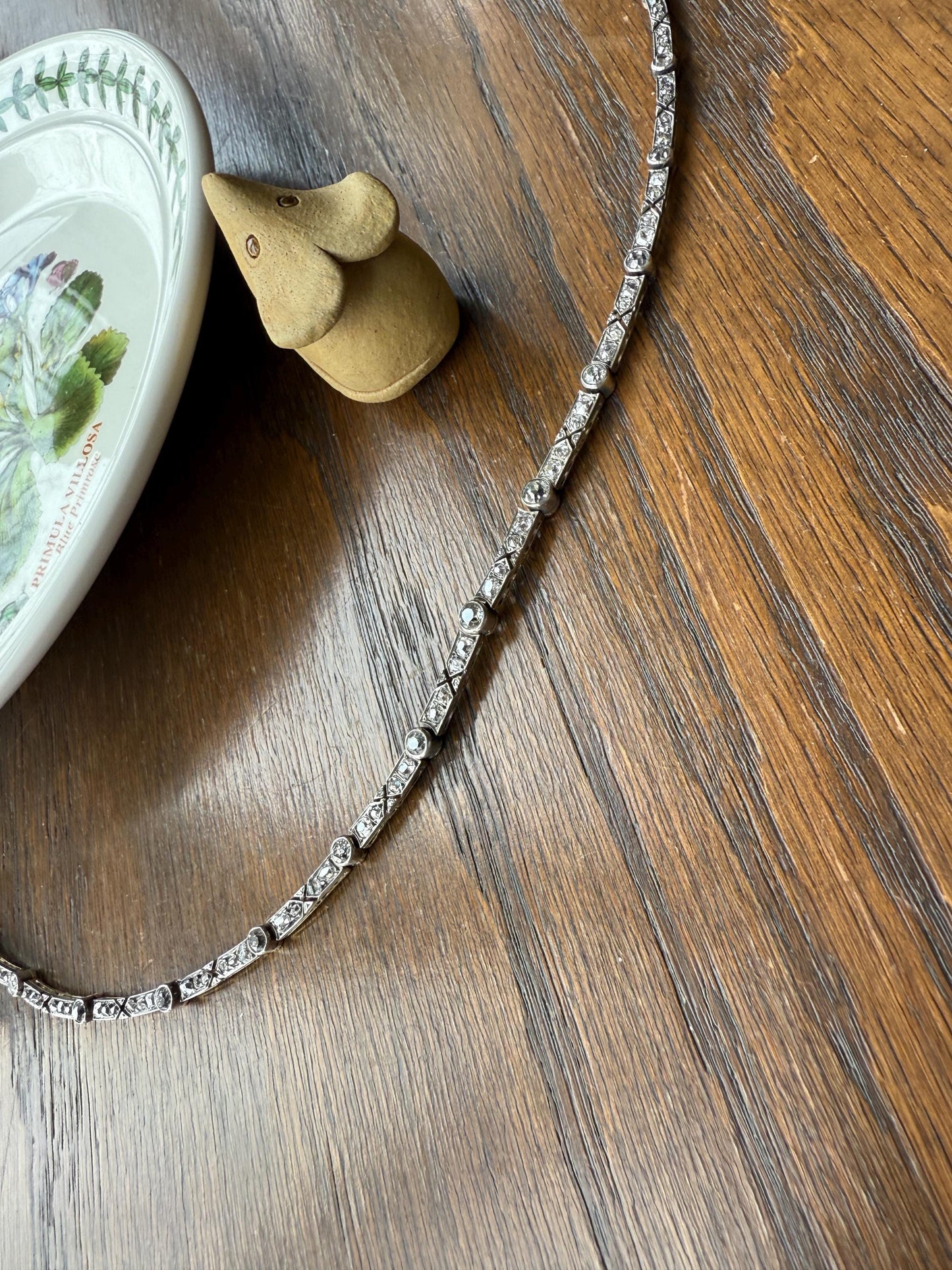 Antique 5 CARATS Old Mine Rose Cut DIAMOND Almost Riviera NECKLACE Choker Chain French 18k Gold Silver Bar Bezel Edwardian Art Deco Collar