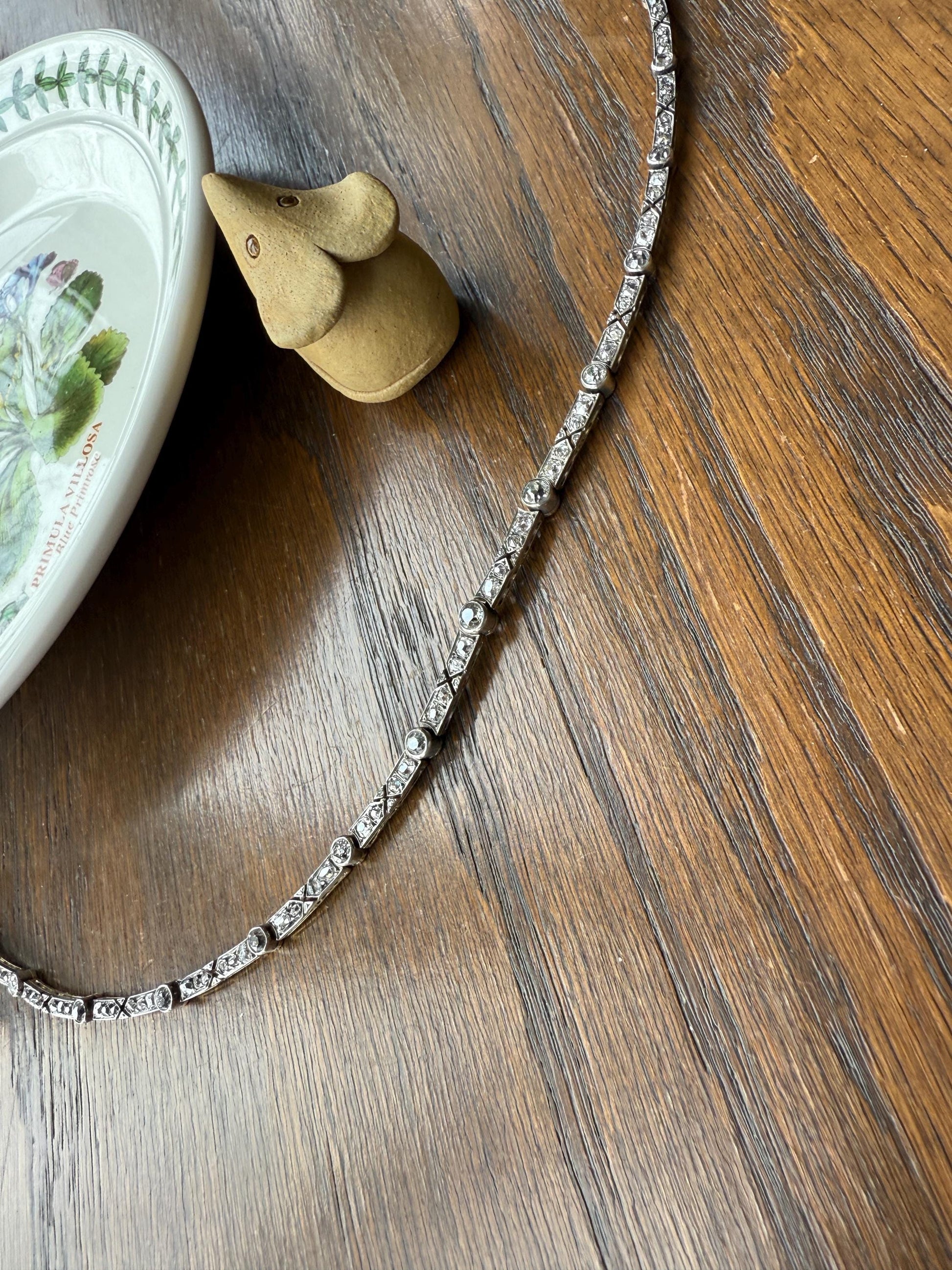 Antique 5 CARATS Old Mine Rose Cut DIAMOND Almost Riviera NECKLACE Choker Chain French 18k Gold Silver Bar Bezel Edwardian Art Deco Collar
