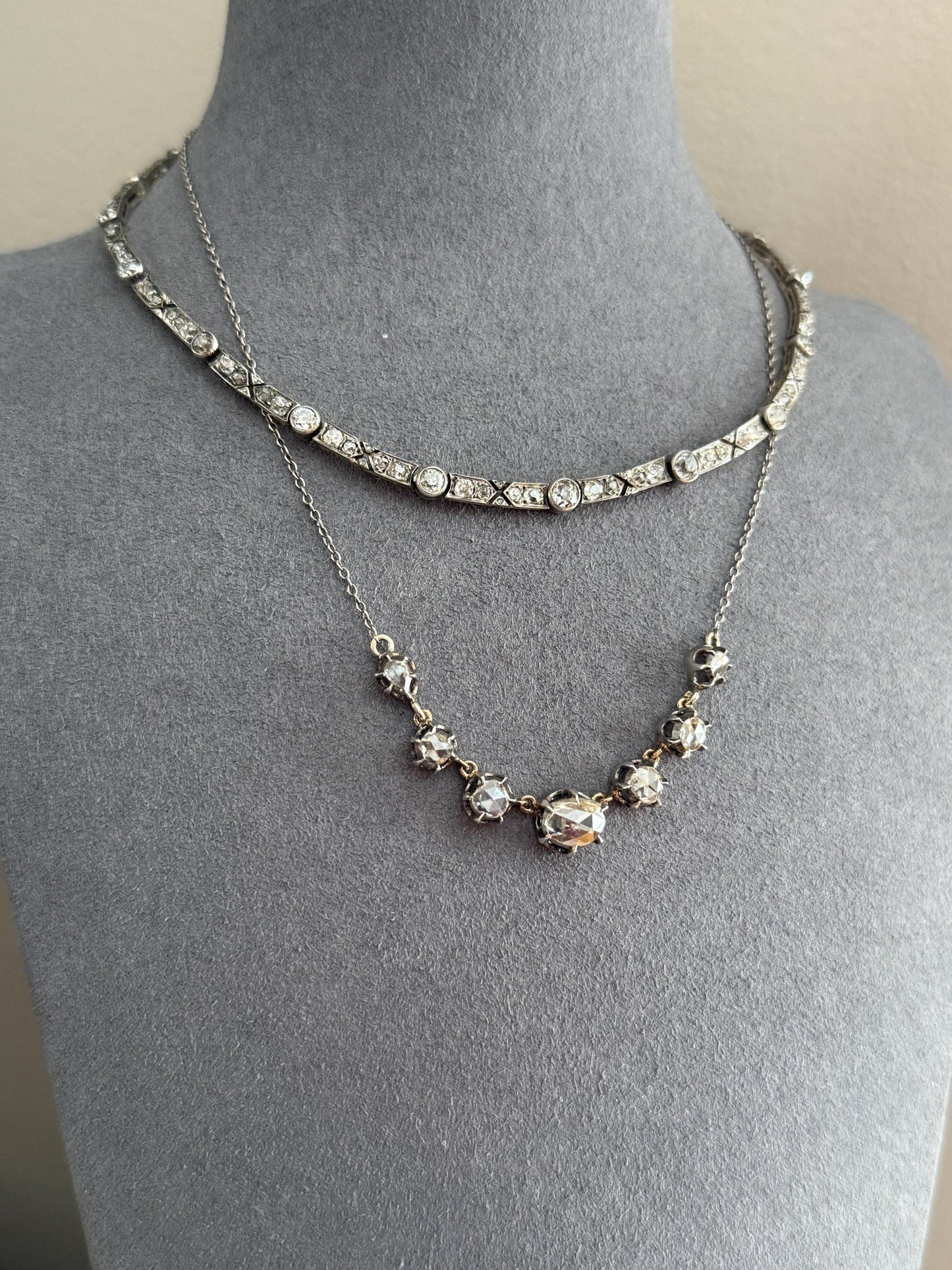 Antique 5 CARATS Old Mine Rose Cut DIAMOND Almost Riviera NECKLACE Choker Chain French 18k Gold Silver Bar Bezel Edwardian Art Deco Collar