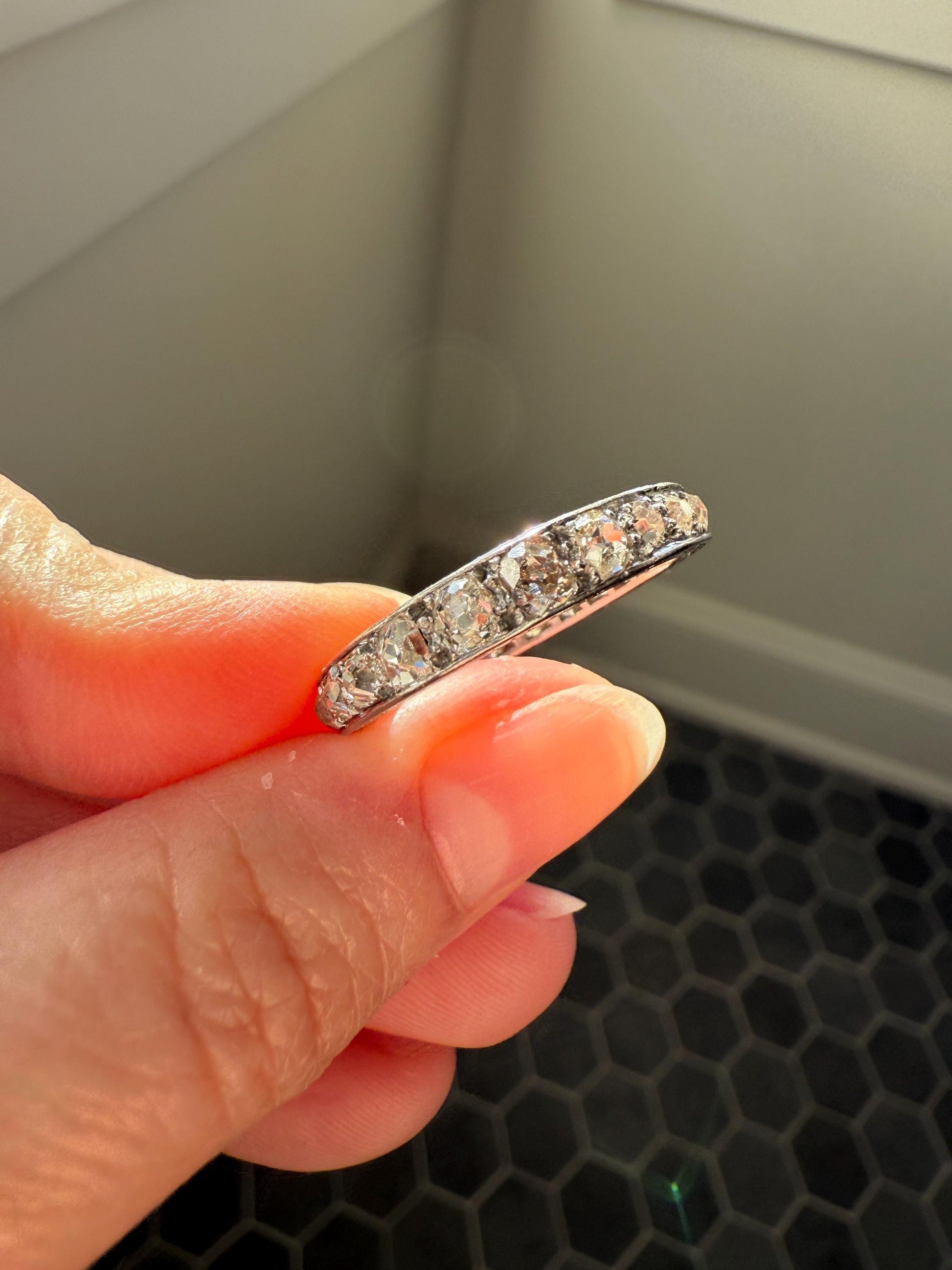 ANTIQUE 2.1 Carats Tapered 25 Old Mine Cut DIAMOND Full Eternity Band PLATINUM Ring Wedding Stacker Romantic Gift Edwardian Unisex Large Sz