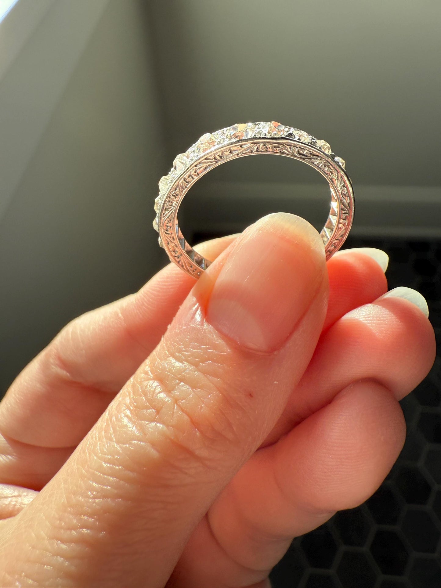 ANTIQUE 2.1 Carats Tapered 25 Old Mine Cut DIAMOND Full Eternity Band PLATINUM Ring Wedding Stacker Romantic Gift Edwardian Unisex Large Sz