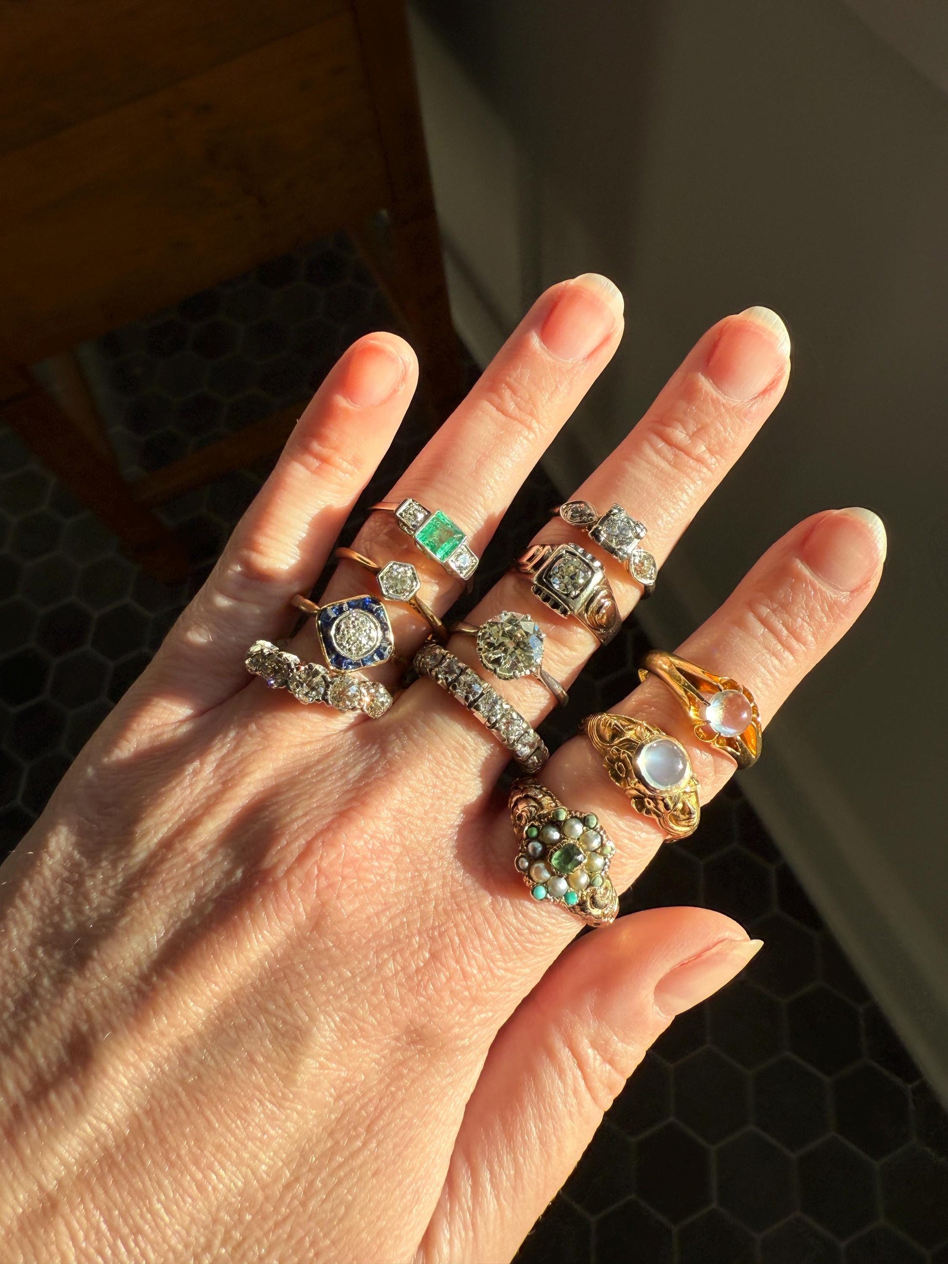 Art Nouveau Floral Woman Two Faces Antique Blue MOONSTONE c1900 Glowing Orb Figural Ring 14k Gold Buttery Band Stacker Victorian Unisex