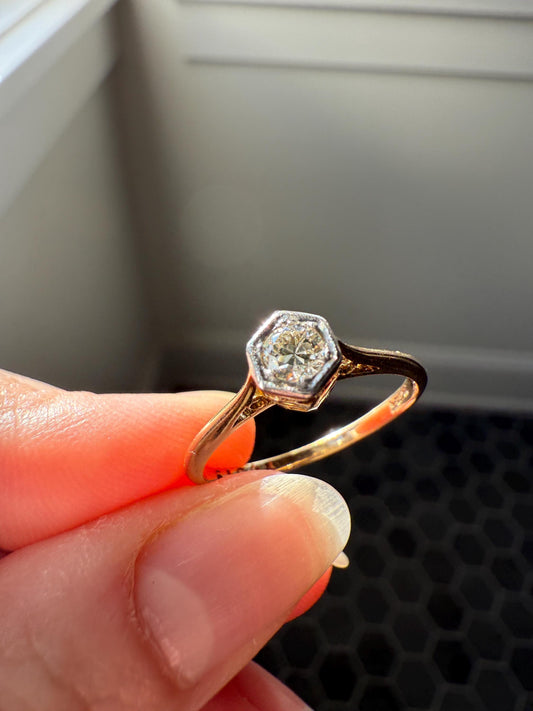 Art Deco HEXAGON Eye Clean Old Transitional Cut Diamond 18k Gold Platinum Ring Geometric Stacker Engagement Solitaire Minimalist