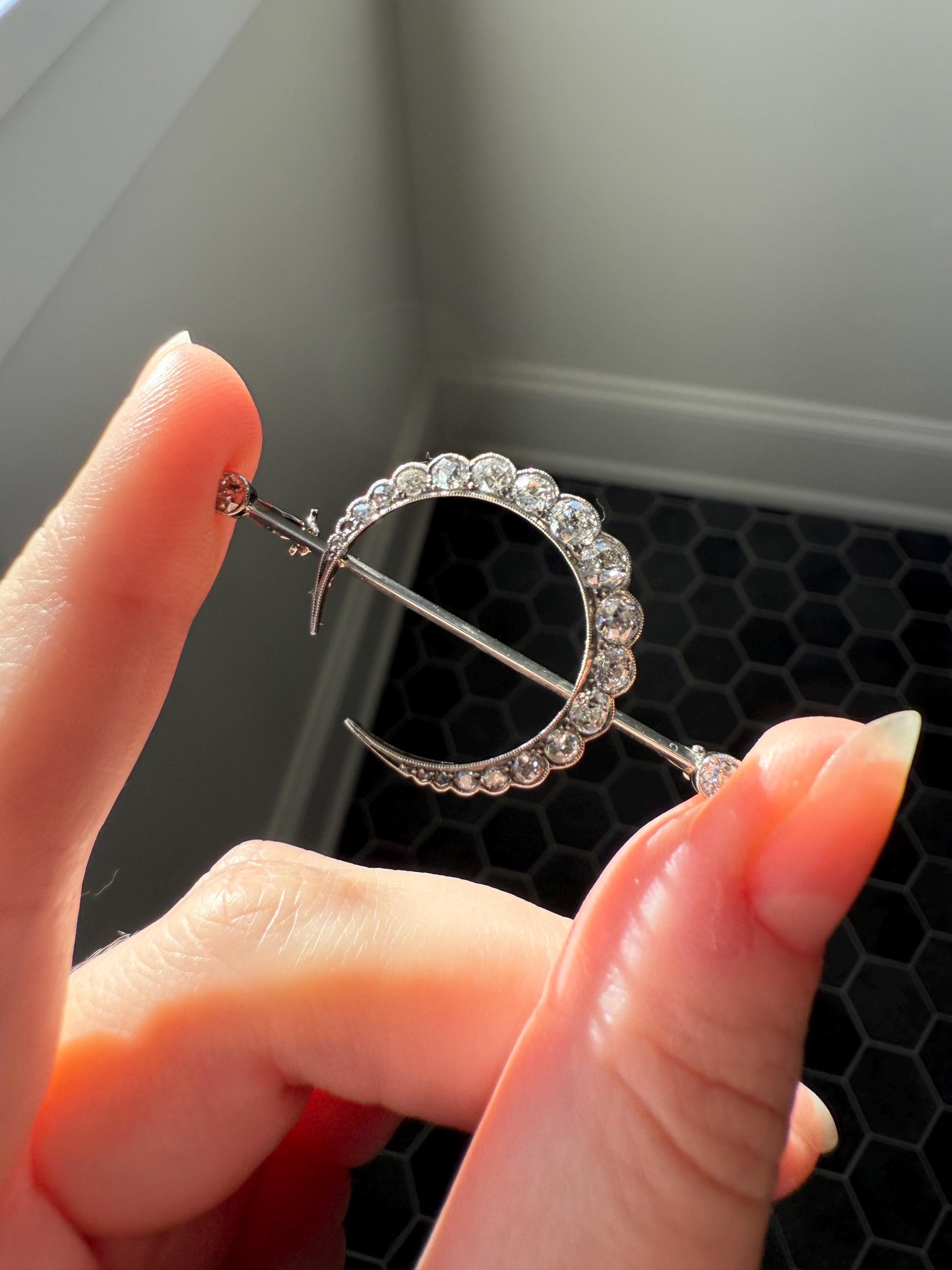 MOON Crescent Scalloped Brooch 2 Carat Old Mine DIAMOND 9k White Gold Extender Connector Pendant Pin Charm Holder Figural Celestial Milgrain