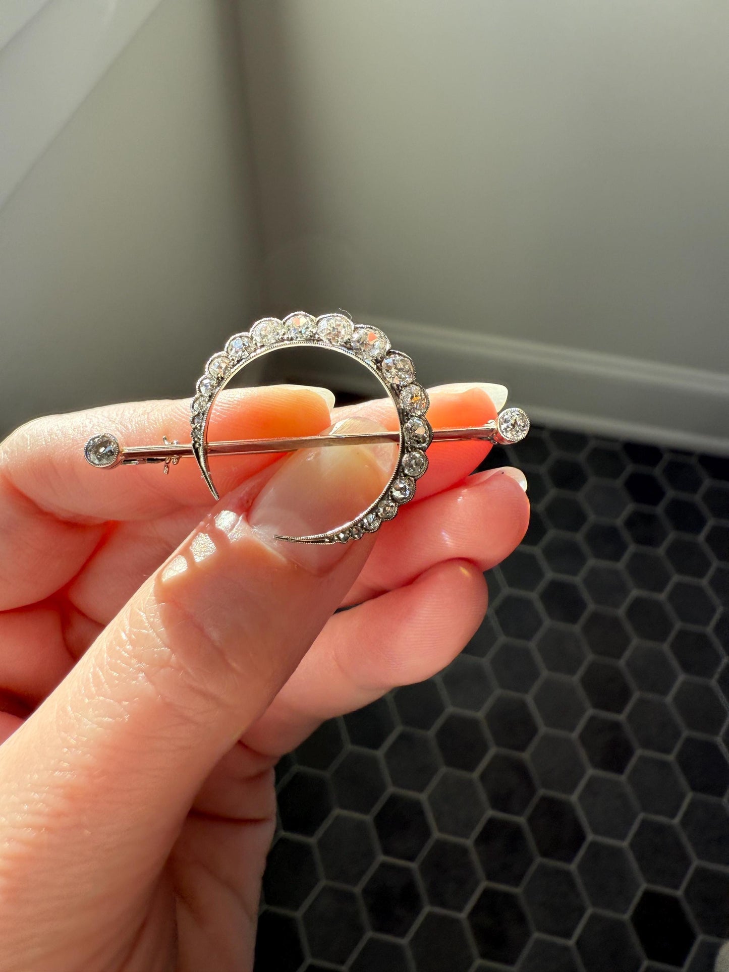MOON Crescent Scalloped Brooch 2 Carat Old Mine DIAMOND 9k White Gold Extender Connector Pendant Pin Charm Holder Figural Celestial Milgrain