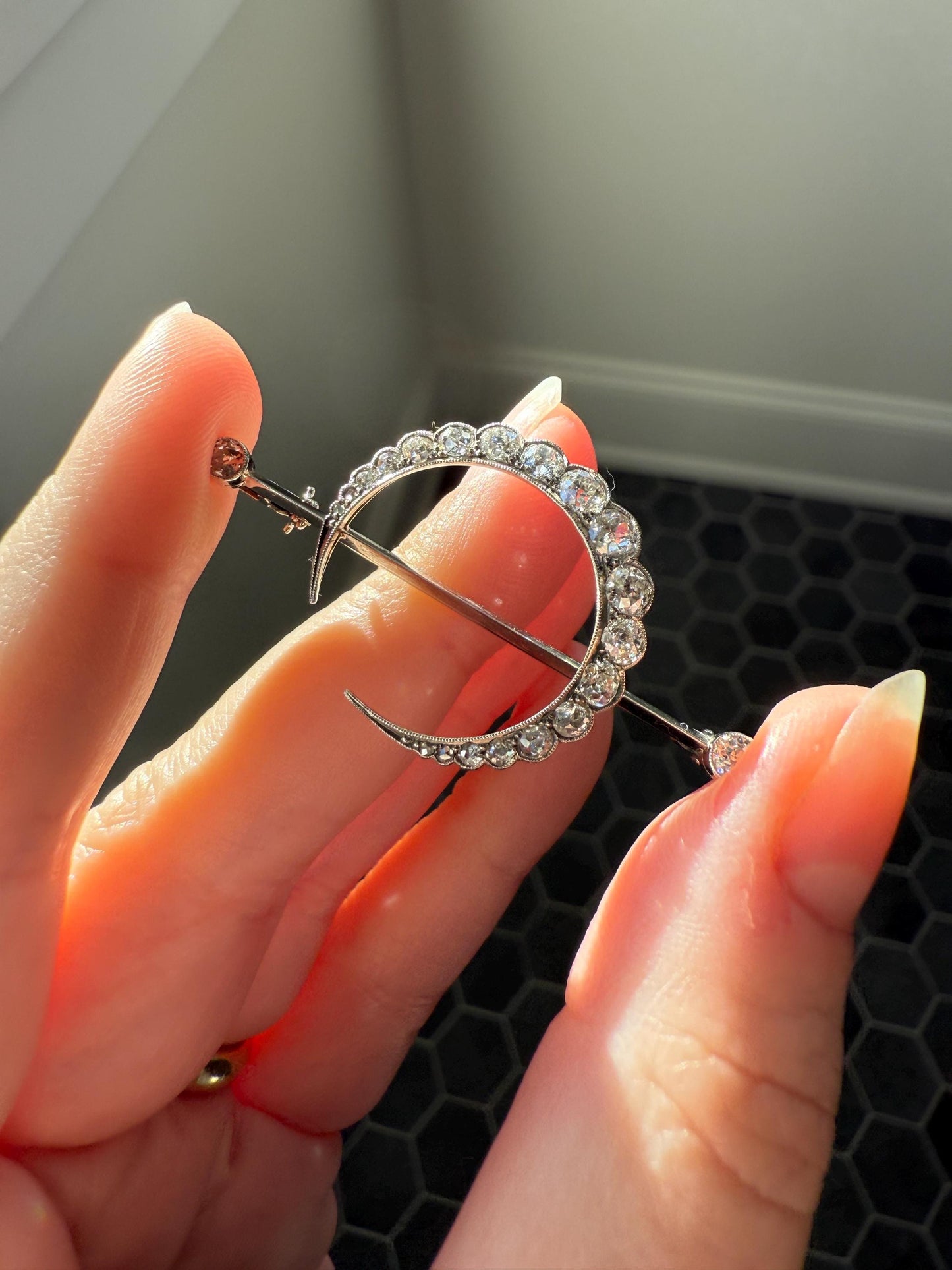 MOON Crescent Scalloped Brooch 2 Carat Old Mine DIAMOND 9k White Gold Extender Connector Pendant Pin Charm Holder Figural Celestial Milgrain