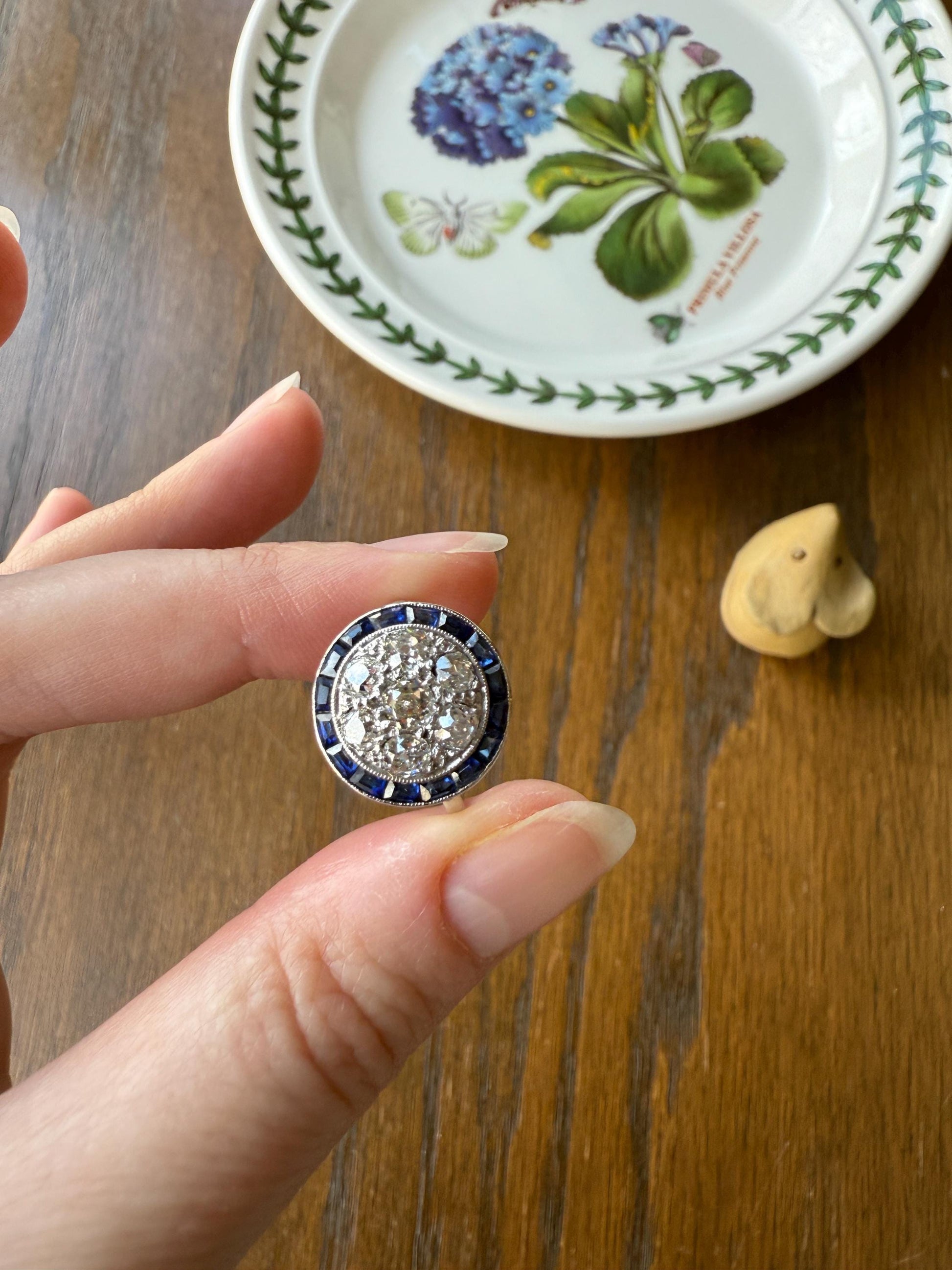 Antique One CARAT Old Mine Cut DiAMOND Cluster Sapphire HALO Ring Carre Square Cut Tall Domed Bauble Stacker French Platinum 18k White Gold