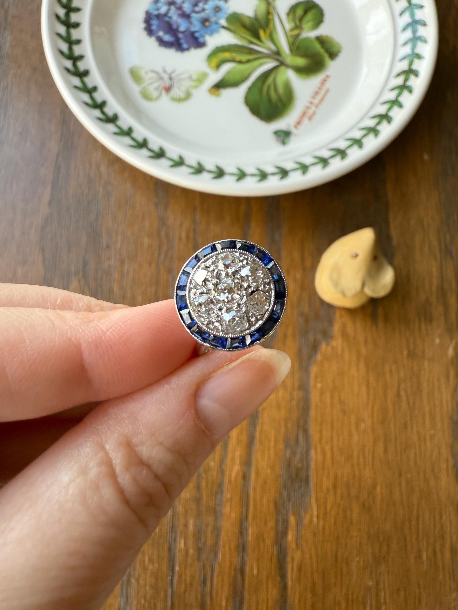 Antique One CARAT Old Mine Cut DiAMOND Cluster Sapphire HALO Ring Carre Square Cut Tall Domed Bauble Stacker French Platinum 18k White Gold