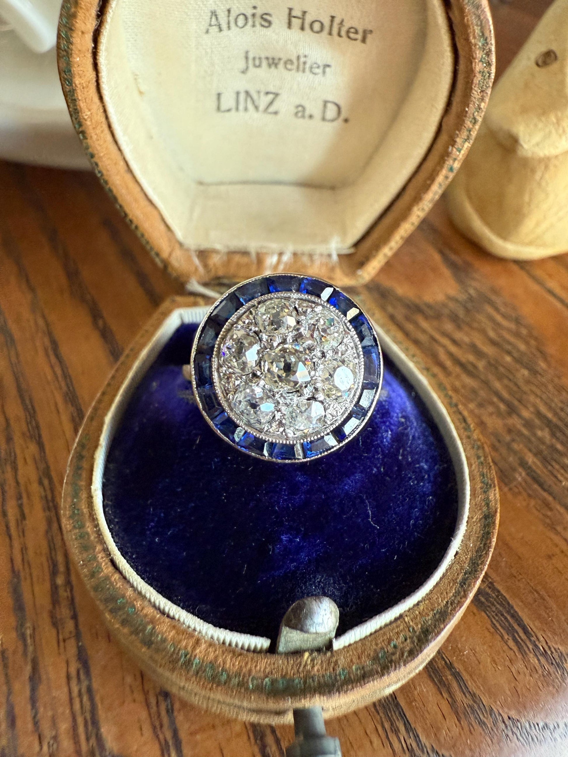 Antique One CARAT Old Mine Cut DiAMOND Cluster Sapphire HALO Ring Carre Square Cut Tall Domed Bauble Stacker French Platinum 18k White Gold