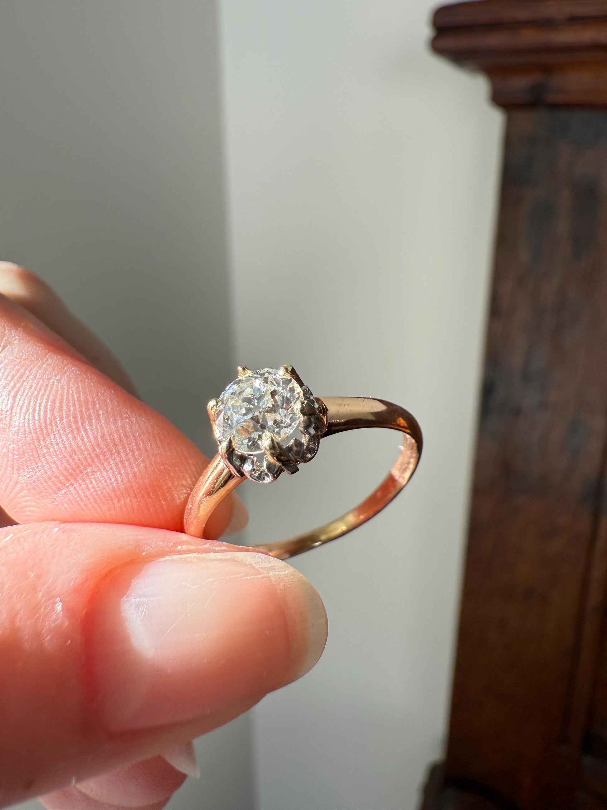 Ornate Classic Victorian Antique One Carat Old Mine Cut DiAMOND Solitaire Ring French 18k Rosy GOLD Engagement All Original Setting & Stone