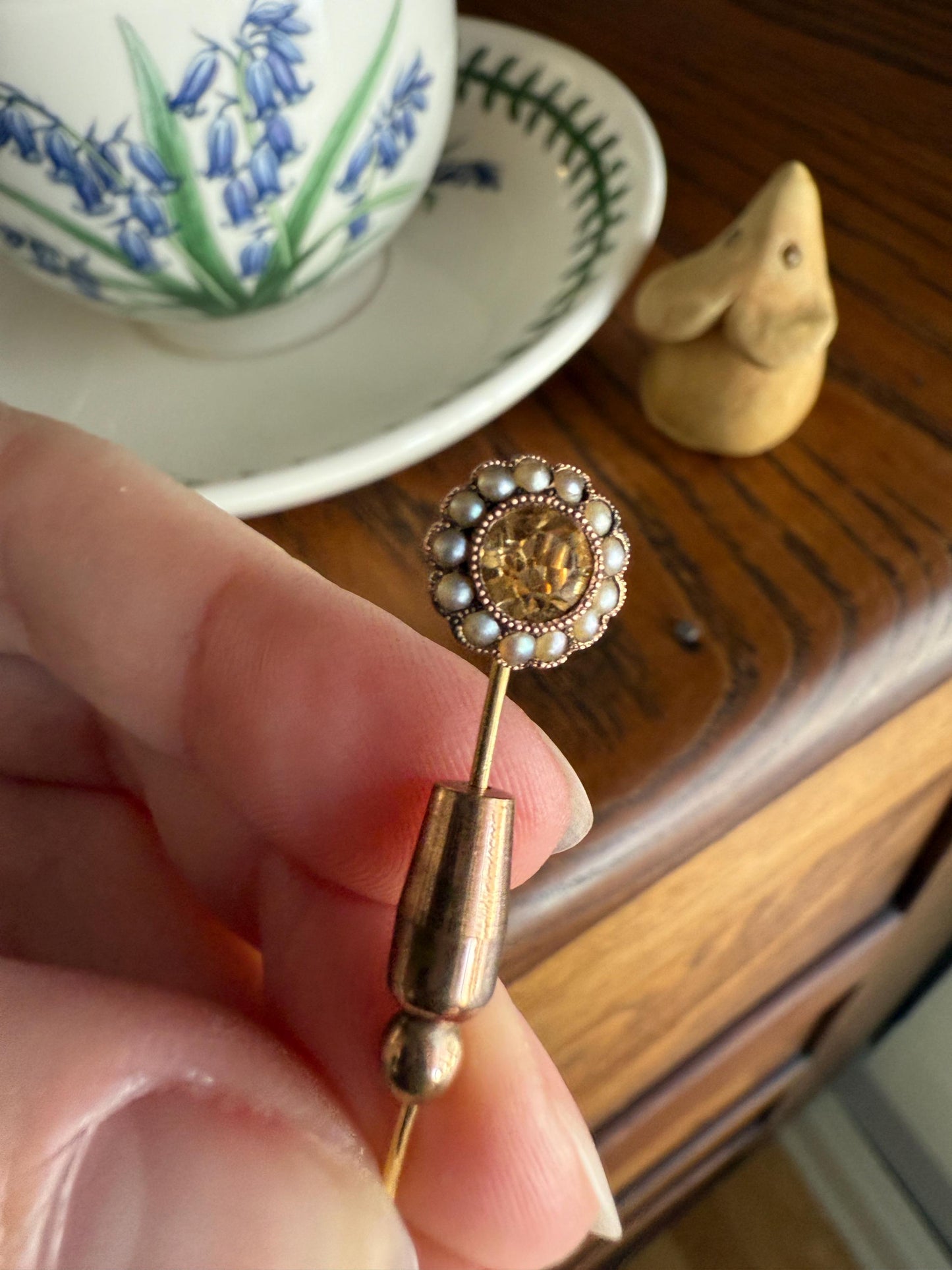 IMPERIAL TOPAZ Old Cut Peach Pearl Halo Antique Stick Pin - Daisy Cluster Bead Rivet Pendant Ring Charm Conversion? 18k 14k Gold