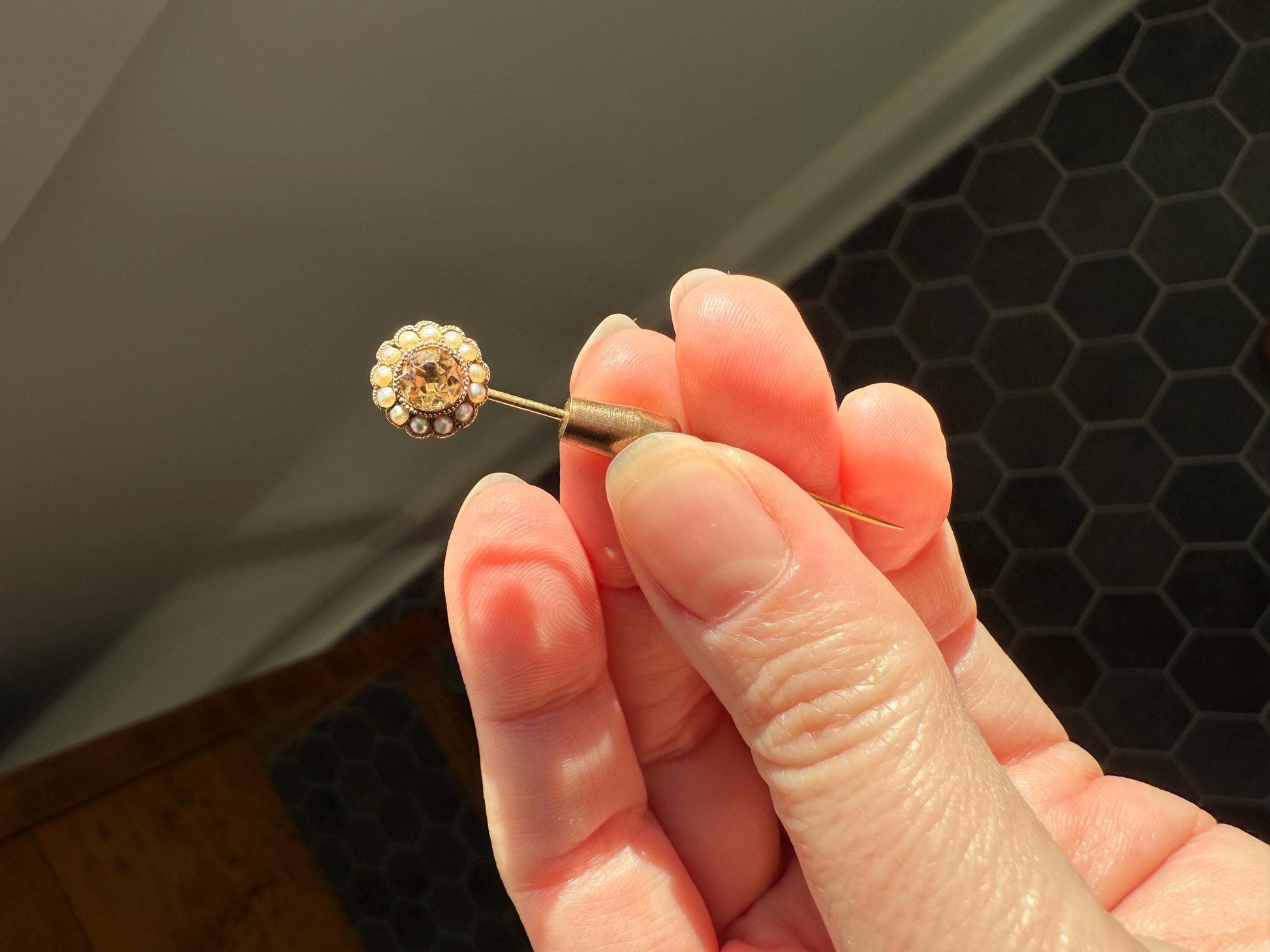 IMPERIAL TOPAZ Old Cut Peach Pearl Halo Antique Stick Pin - Daisy Cluster Bead Rivet Pendant Ring Charm Conversion? 18k 14k Gold