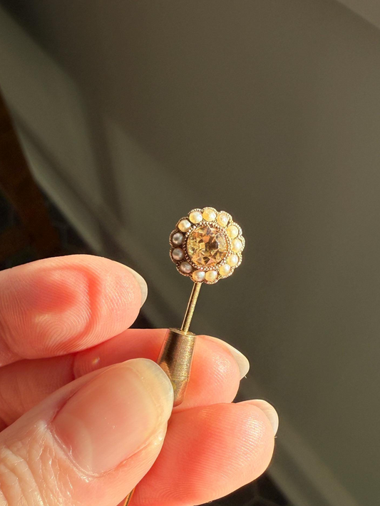 IMPERIAL TOPAZ Old Cut Peach Pearl Halo Antique Stick Pin - Daisy Cluster Bead Rivet Pendant Ring Charm Conversion? 18k 14k Gold