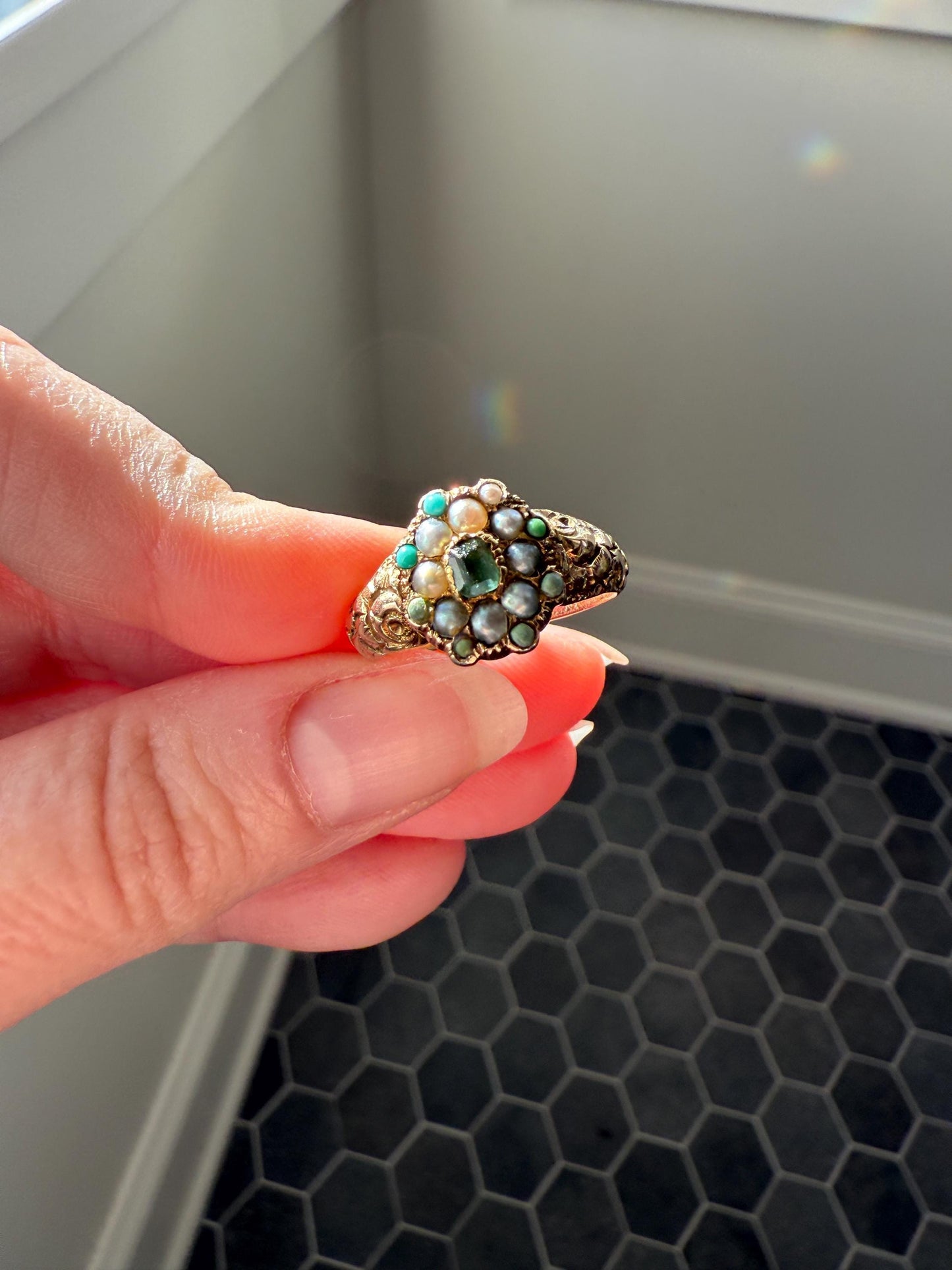 EMERALD Pearl Turquoise Georgian 10k Gold Ring Green White Floral Bouquet Embossed Shoulders Ornate Stacker Cluster