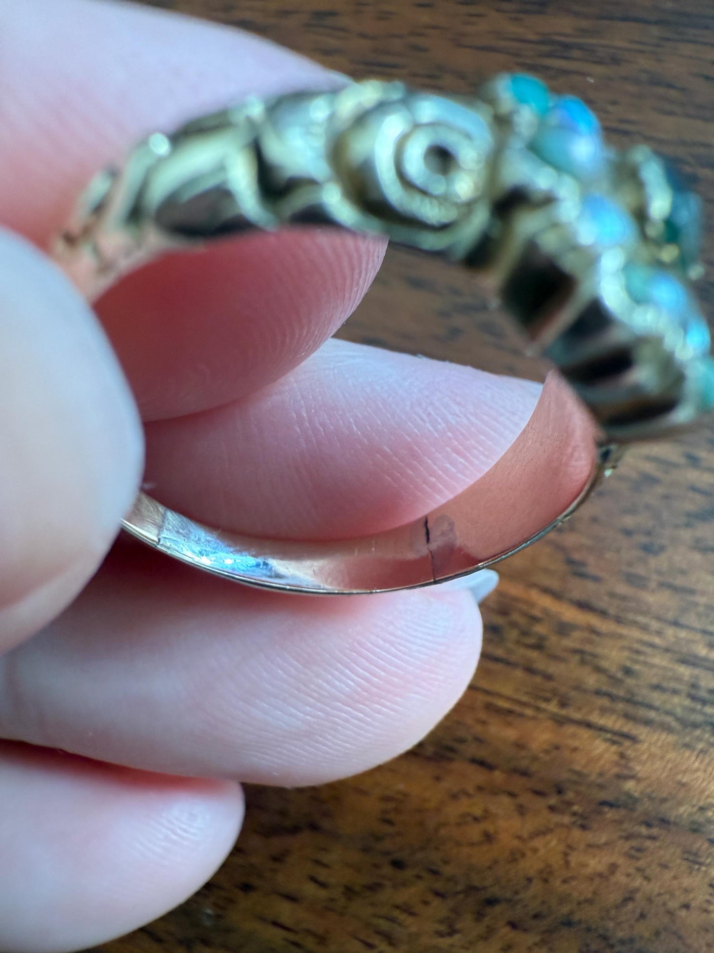 EMERALD Pearl Turquoise Georgian 10k Gold Ring Green White Floral Bouquet Embossed Shoulders Ornate Stacker Cluster