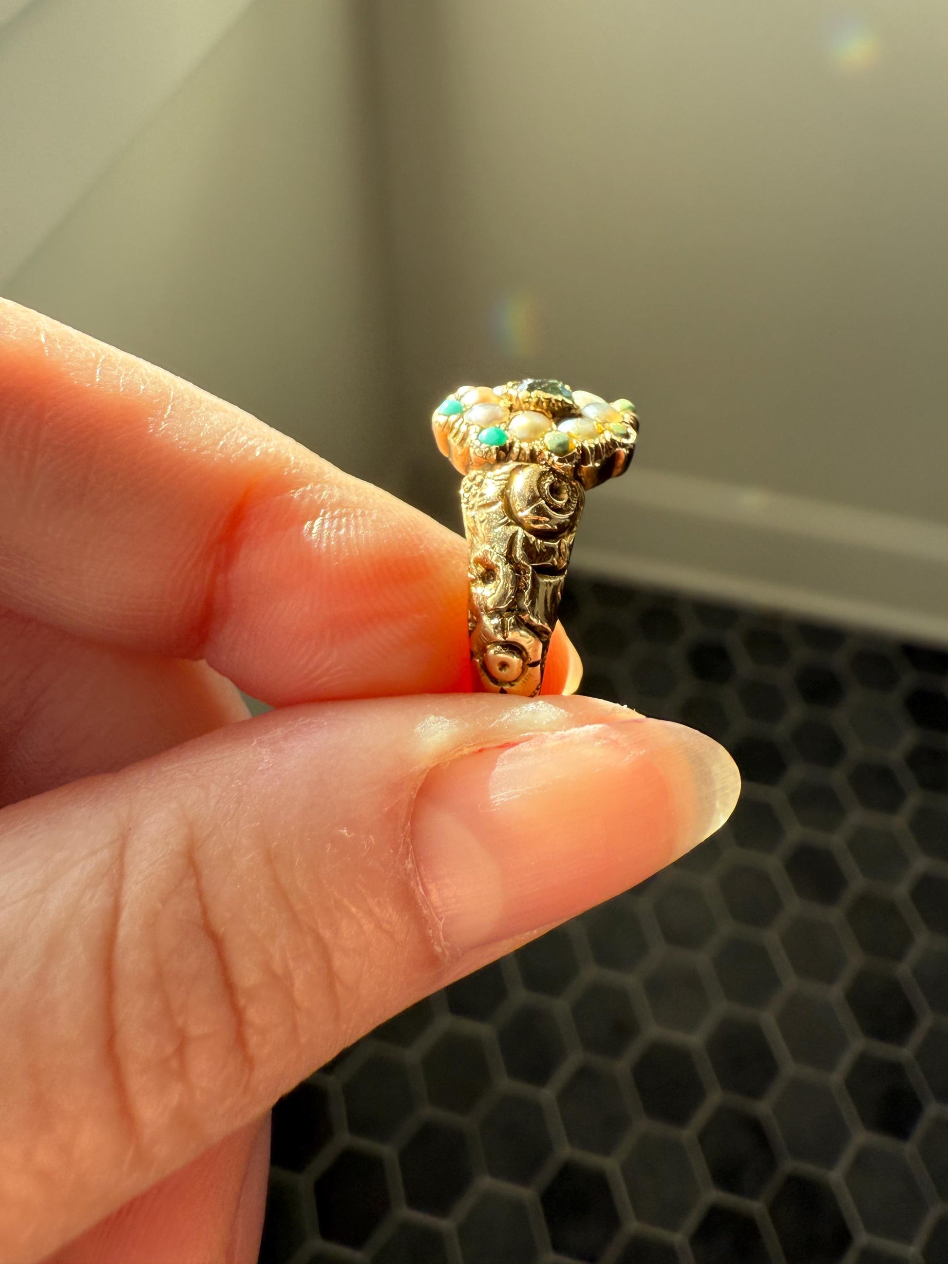 EMERALD Pearl Turquoise Georgian 10k Gold Ring Green White Floral Bouquet Embossed Shoulders Ornate Stacker Cluster