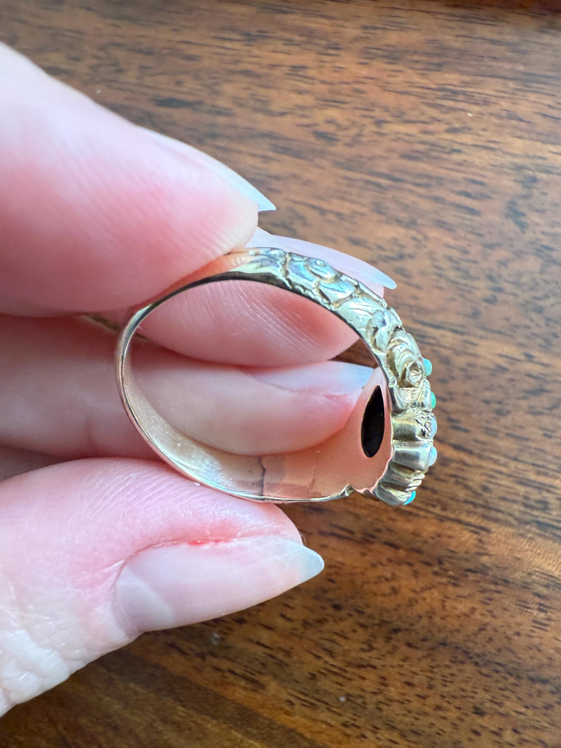 EMERALD Pearl Turquoise Georgian 10k Gold Ring Green White Floral Bouquet Embossed Shoulders Ornate Stacker Cluster